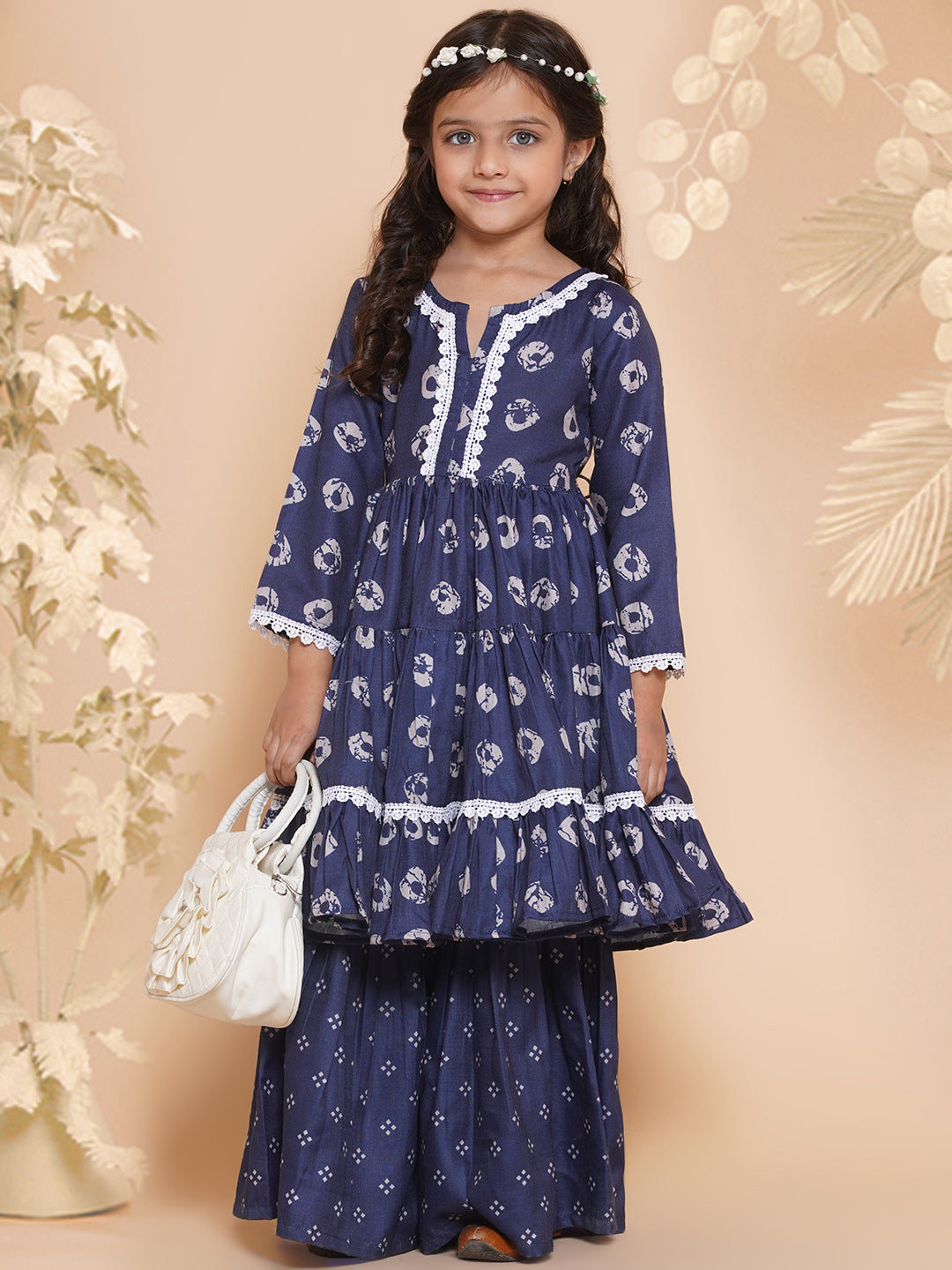 Bitiya By Bhama Girls Navy Bandhani Printed With Cotton Lace Kurta With Sharara