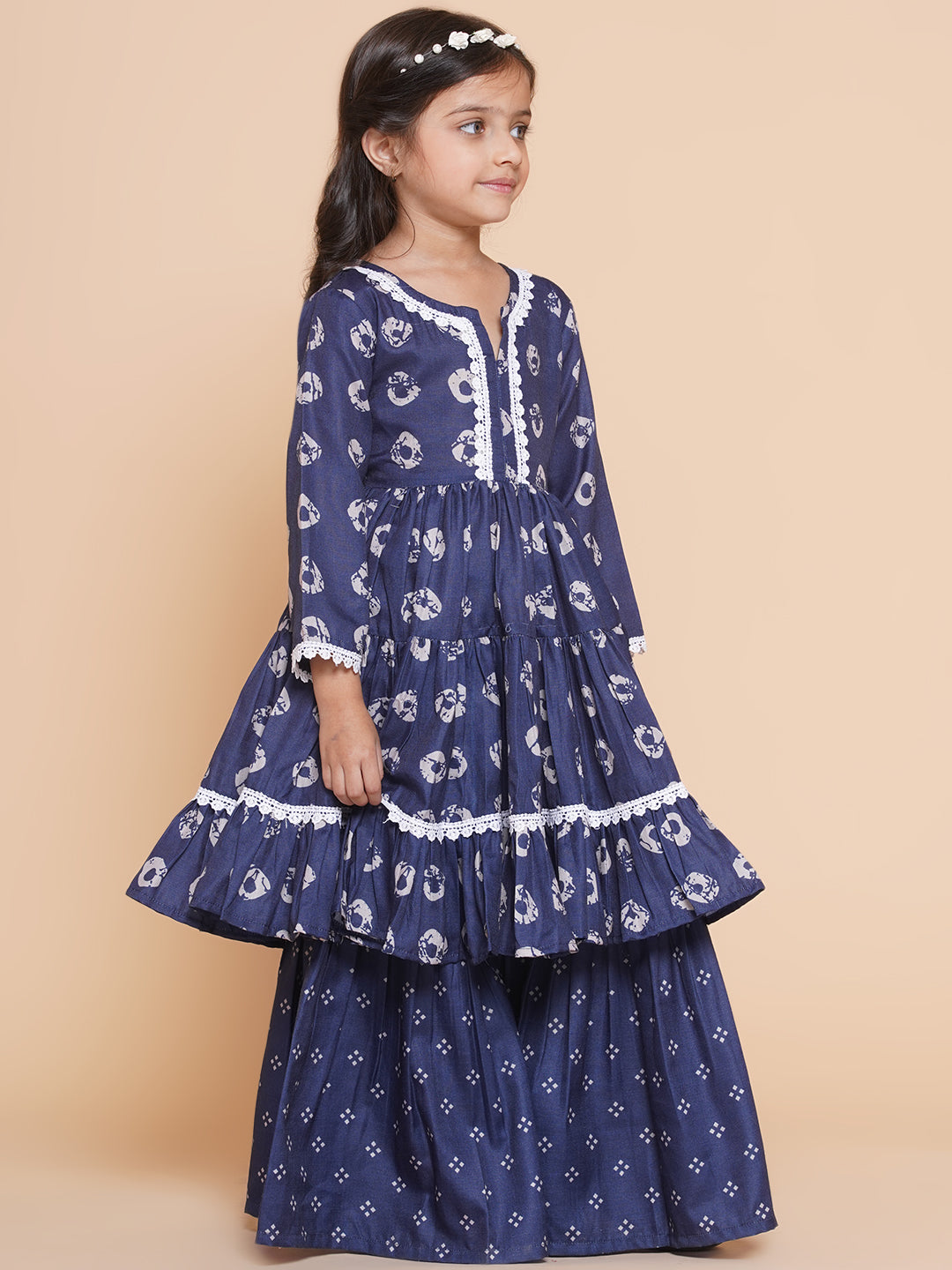 Bitiya By Bhama Girls Navy Bandhani Printed With Cotton Lace Kurta With Sharara