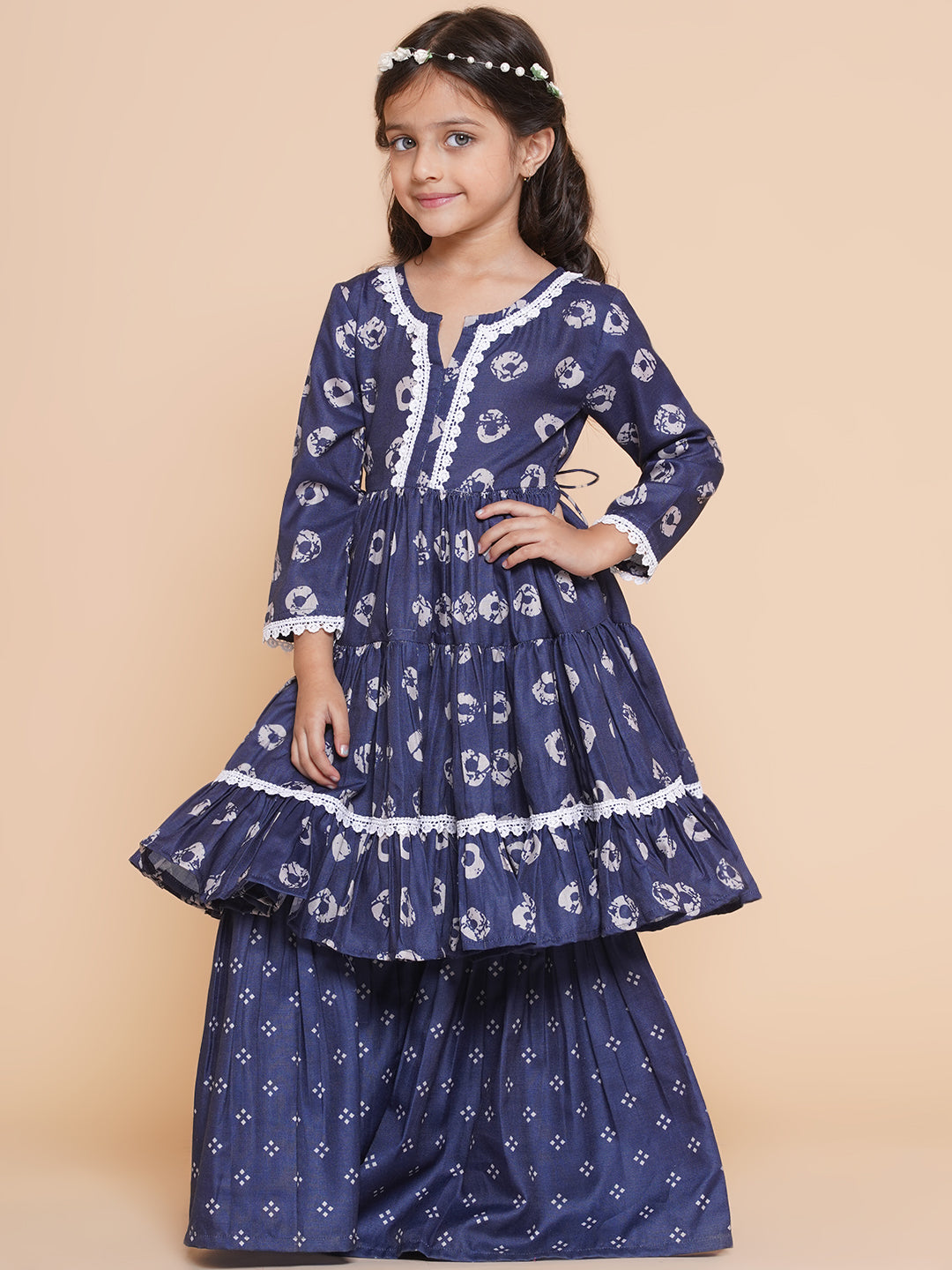 Bitiya By Bhama Girls Navy Bandhani Printed With Cotton Lace Kurta With Sharara