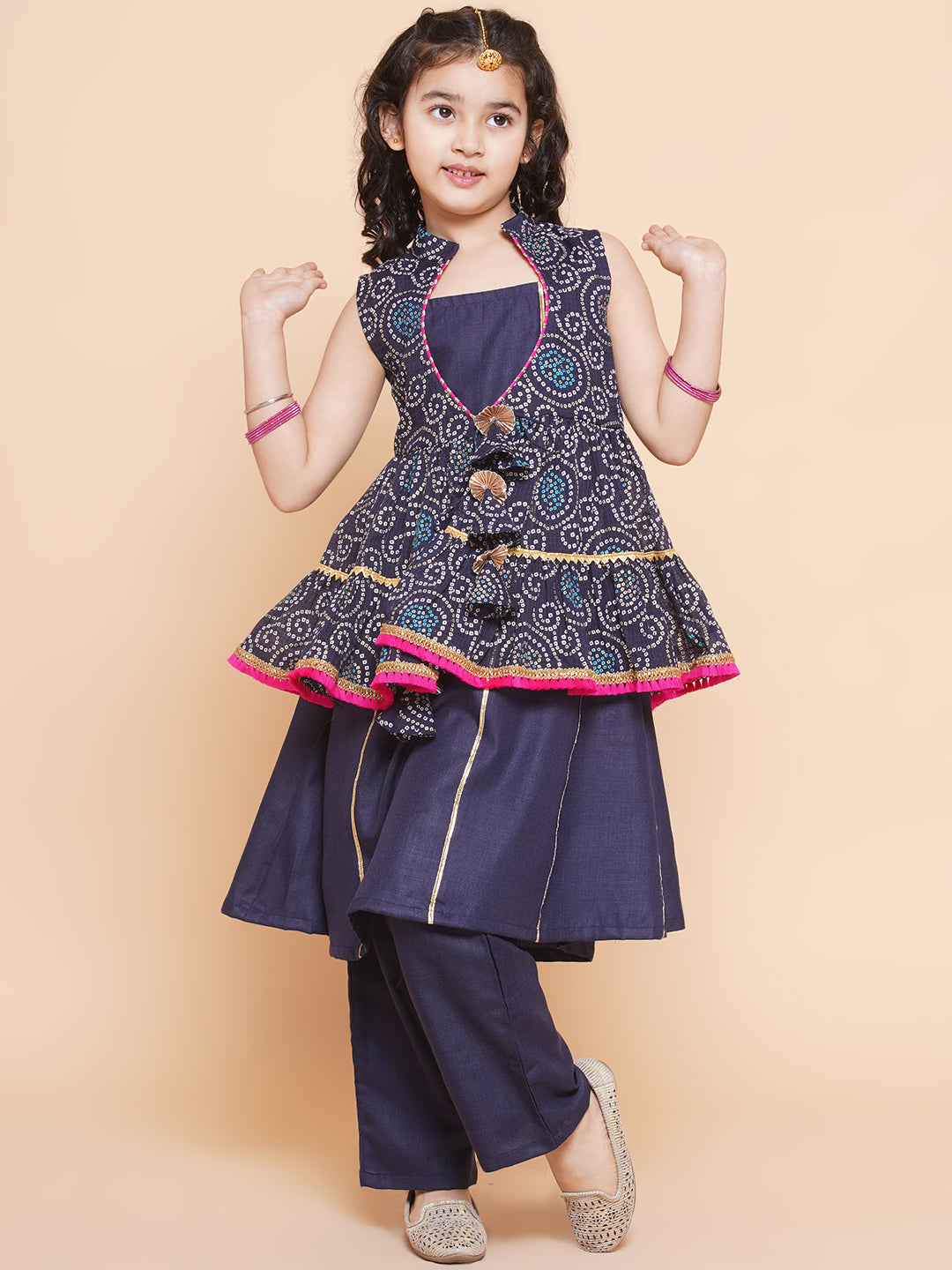 Bitiya By Bhama Girls Navy Blue Kurta Set With Shrug