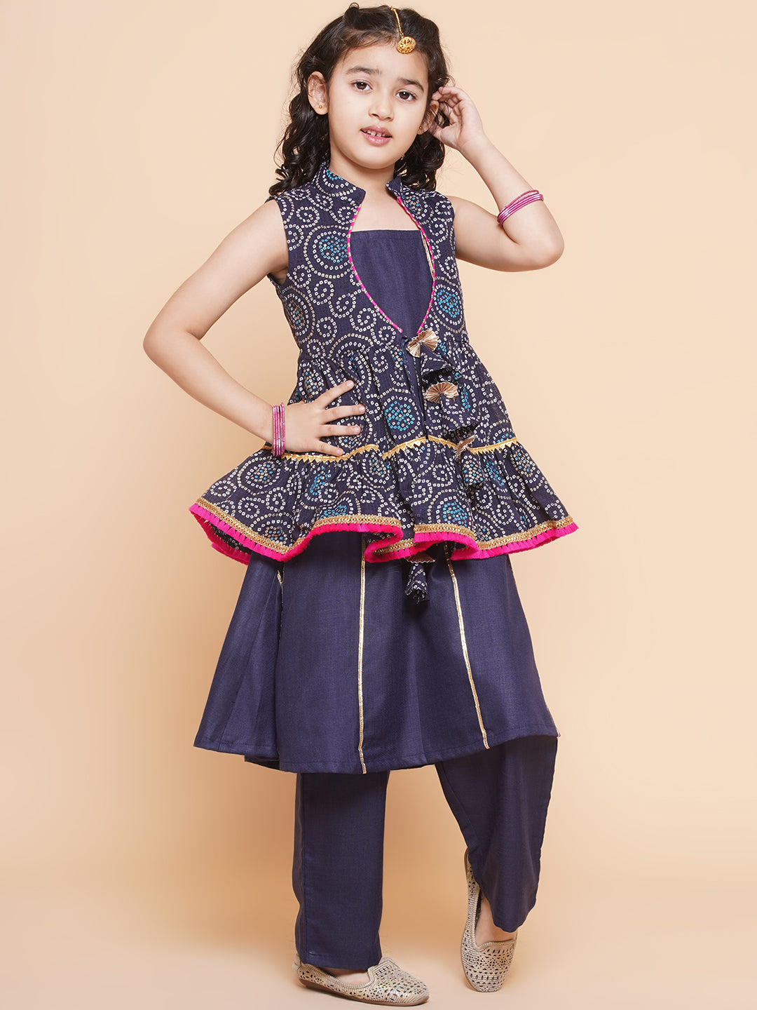 Bitiya By Bhama Girls Navy Blue Kurta Set With Shrug