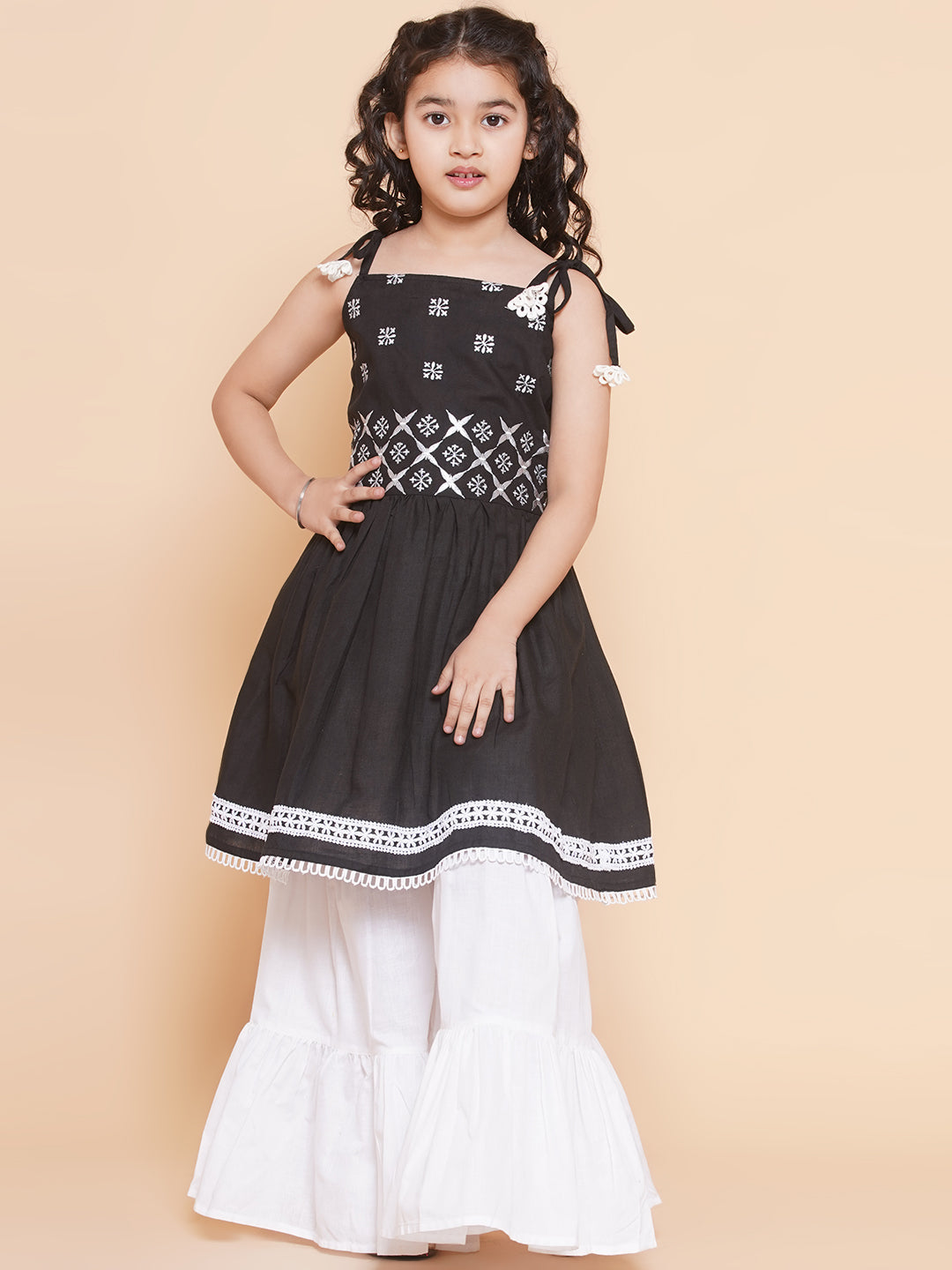 Bitiya By Bhama Girls Black Ethnic Motifs Embroidered Kurta With White Sharara