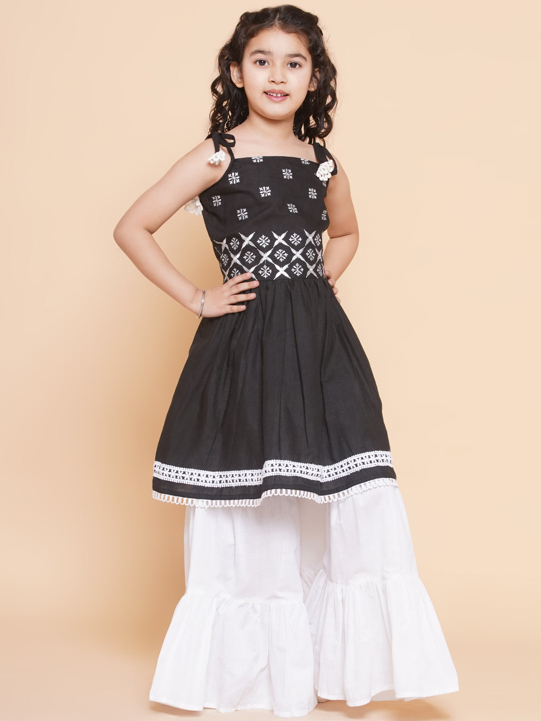 Bitiya By Bhama Girls Black Ethnic Motifs Embroidered Kurta With White Sharara