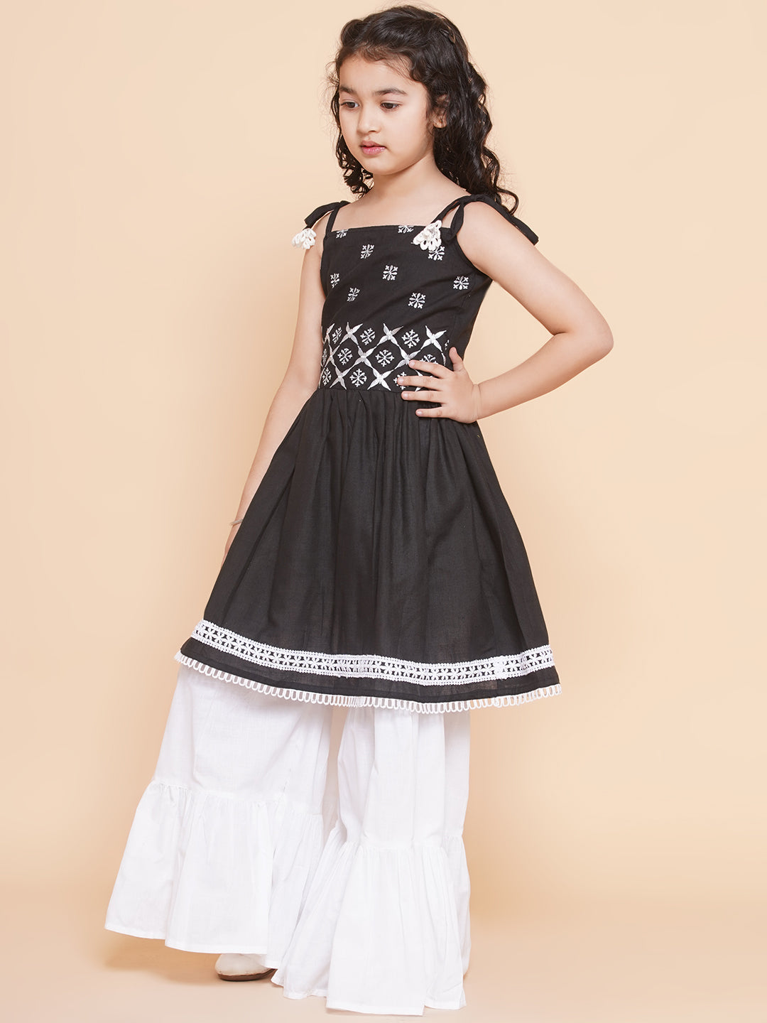 Bitiya By Bhama Girls Black Ethnic Motifs Embroidered Kurta With White Sharara