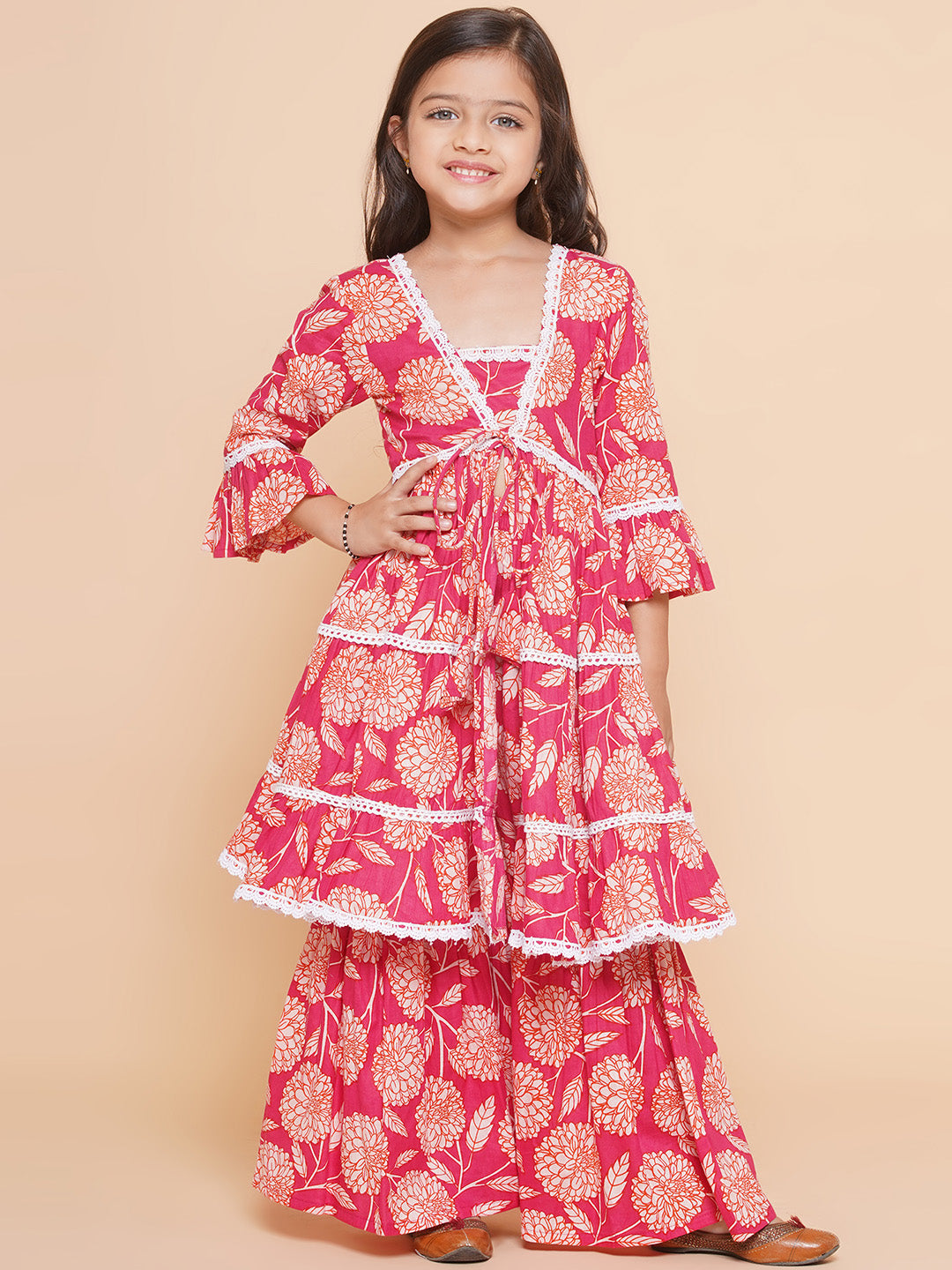 Bitiya by Bhama Girls Pink Printed V- Neck  Kurta with Sharara