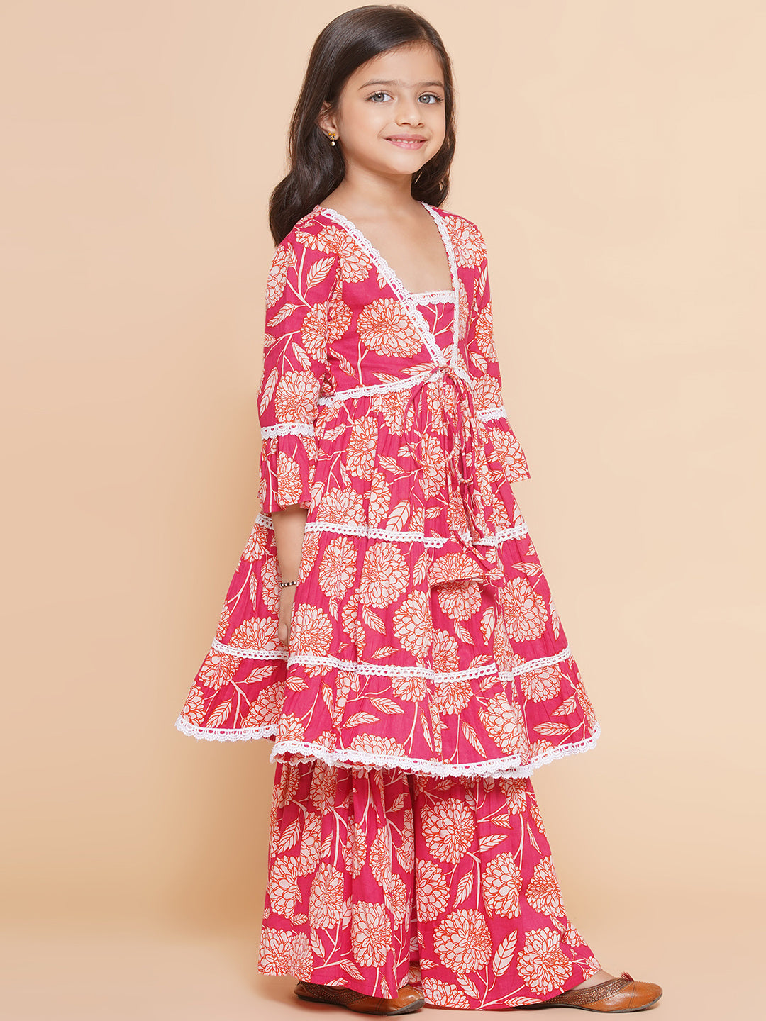 Bitiya by Bhama Girls Pink Printed V- Neck  Kurta with Sharara