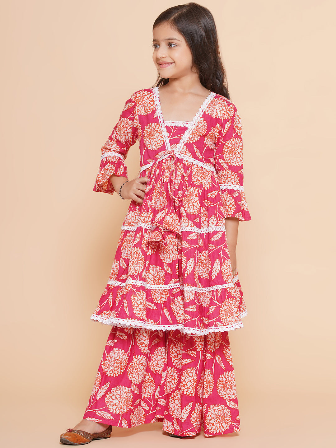 Bitiya by Bhama Girls Pink Printed V- Neck  Kurta with Sharara