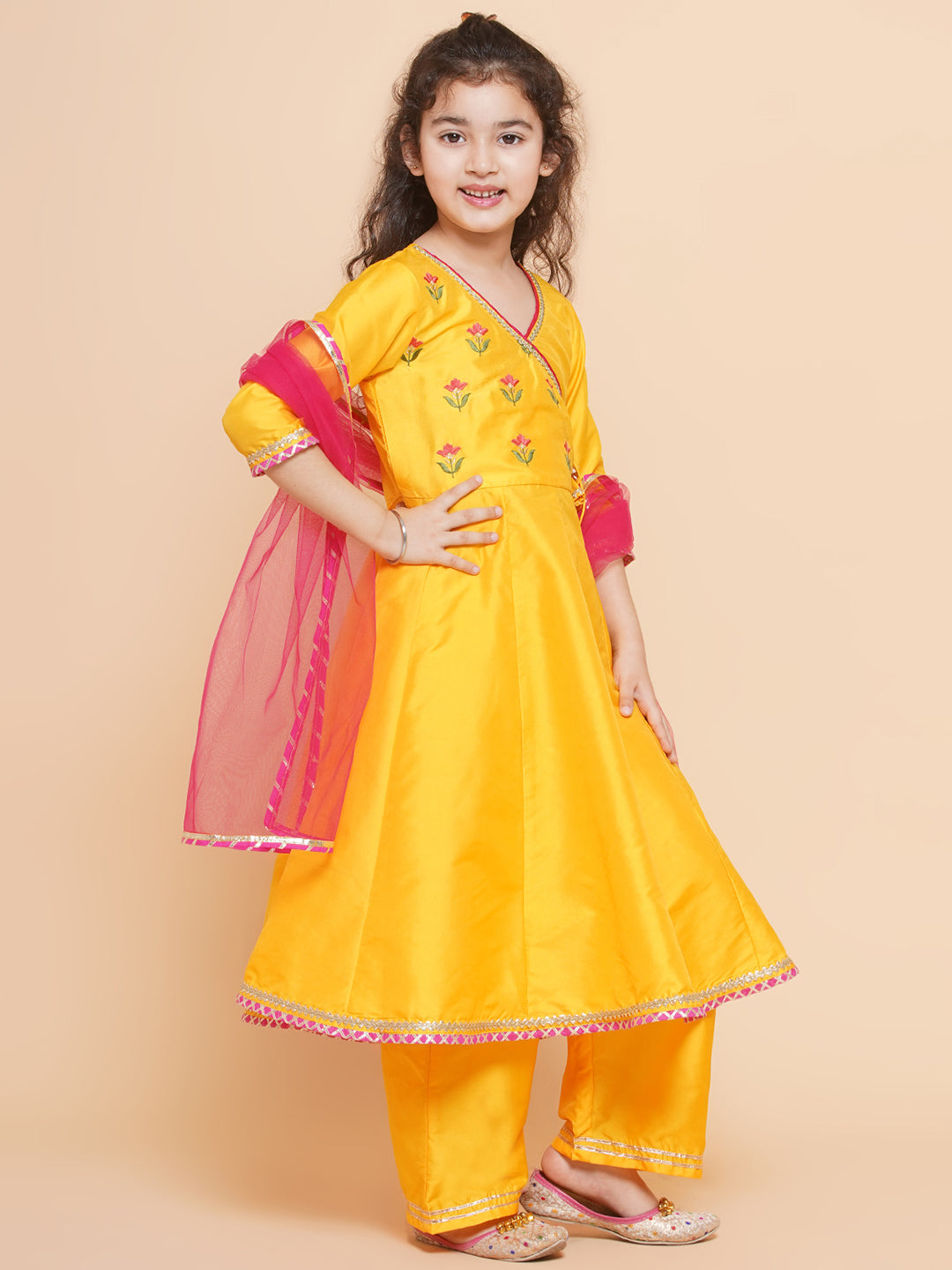Bitiya By Bhama Girls Yellow Embroidered Angrakha Kurta With Trousers & Dupatta