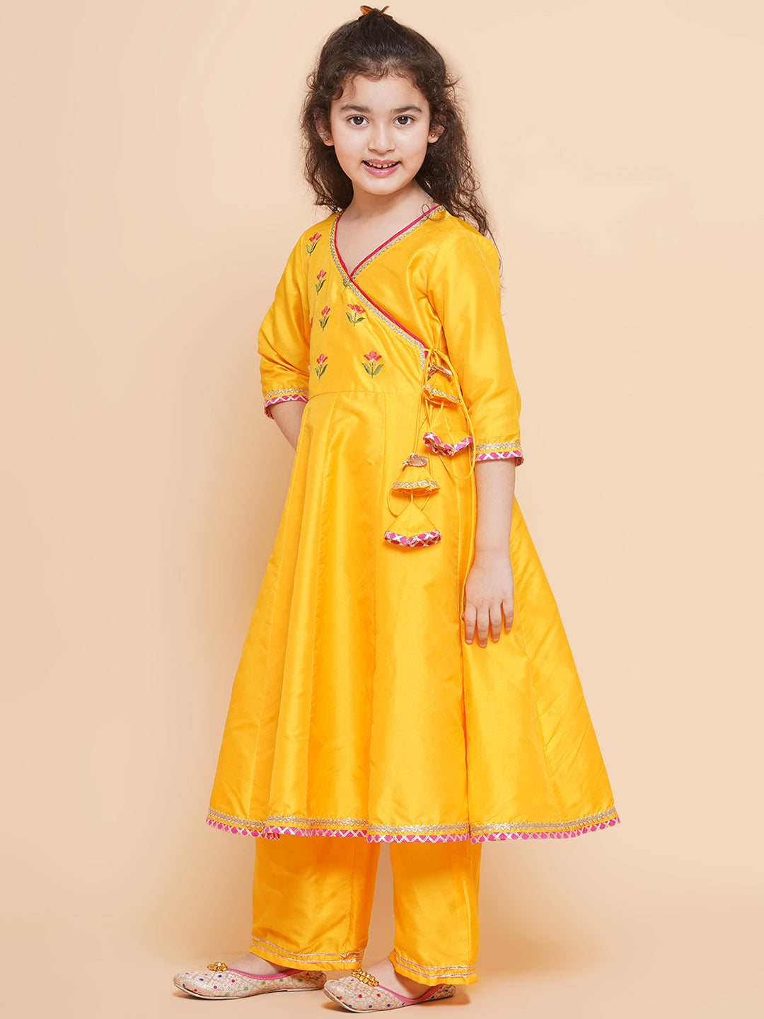 Bitiya By Bhama Girls Yellow Embroidered Angrakha Kurta With Trousers & Dupatta