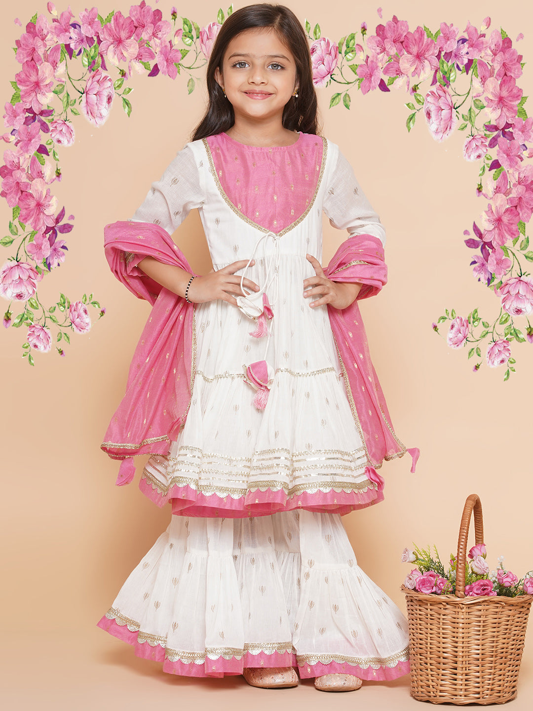 Bitiya by Bhama Girls white Ethnic Motifs Printed Round-Neck Kurta Sharara set With Dupatta