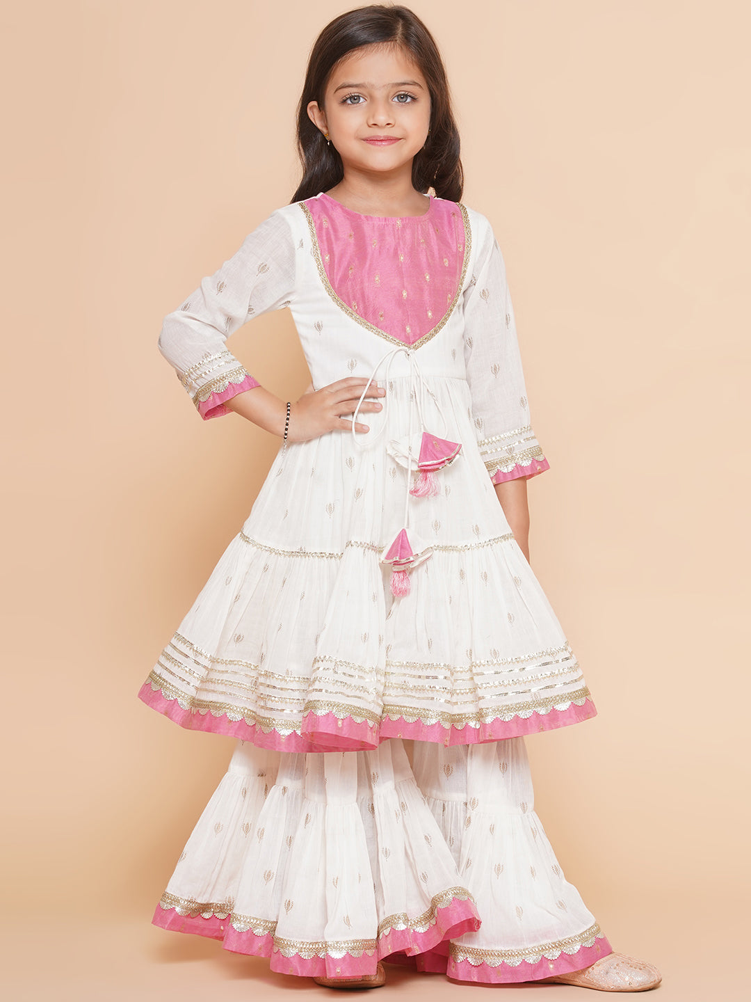 Bitiya by Bhama Girls white Ethnic Motifs Printed Round-Neck Kurta Sharara set With Dupatta