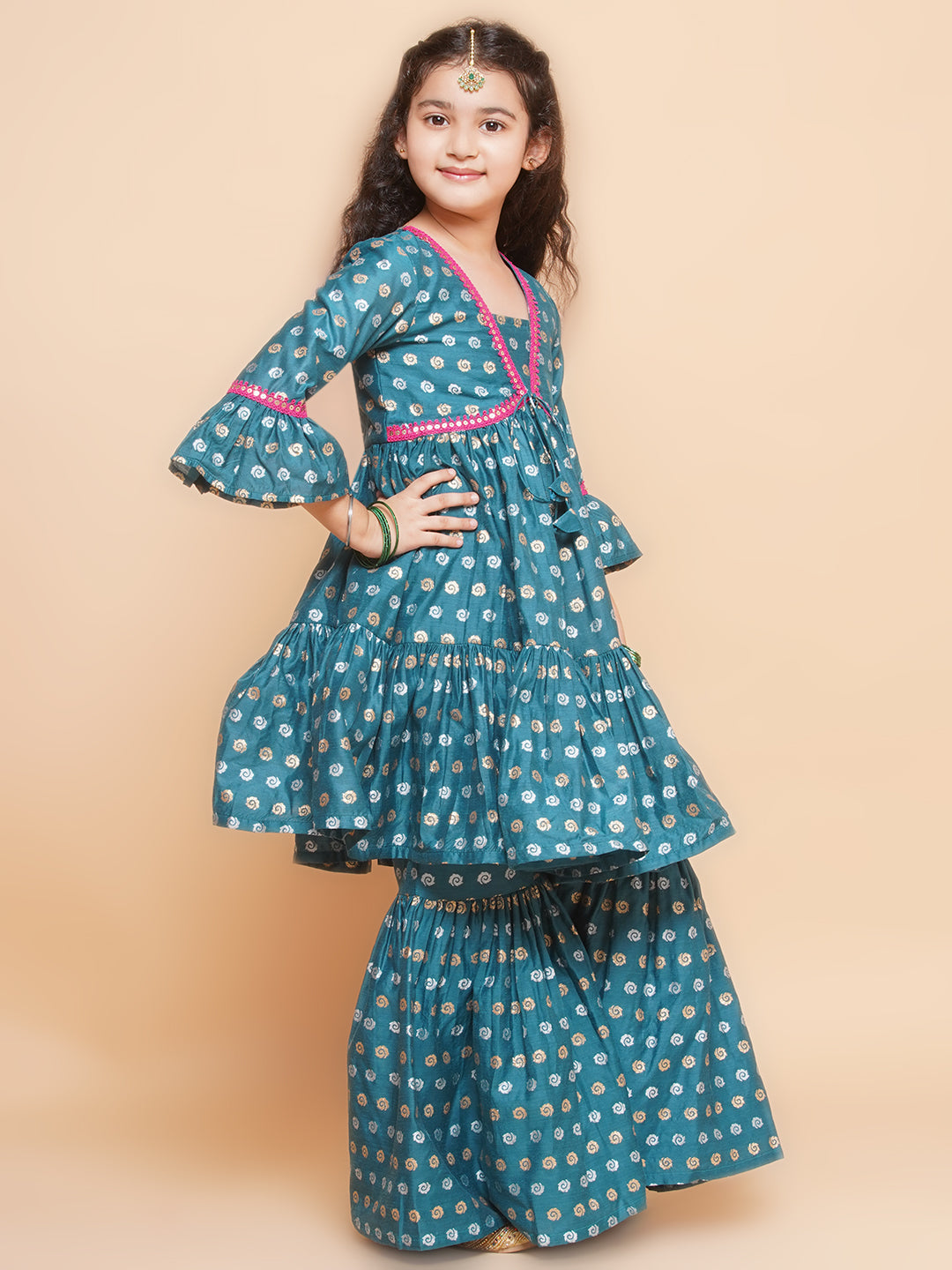 Bitiya by Bhama Girls Teal Blue Printed V-Neck Kurta with Sharara