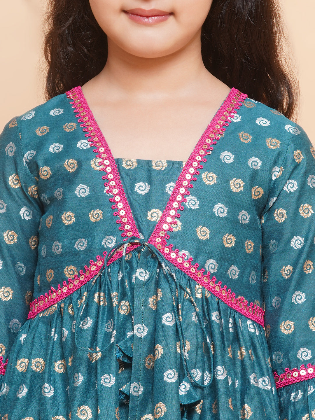 Bitiya by Bhama Girls Teal Blue Printed V-Neck Kurta with Sharara