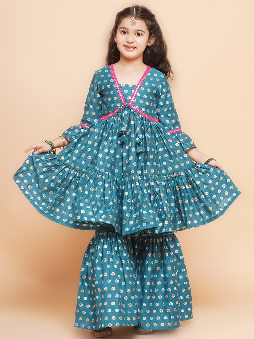 Bitiya by Bhama Girls Teal Blue Printed V-Neck Kurta with Sharara