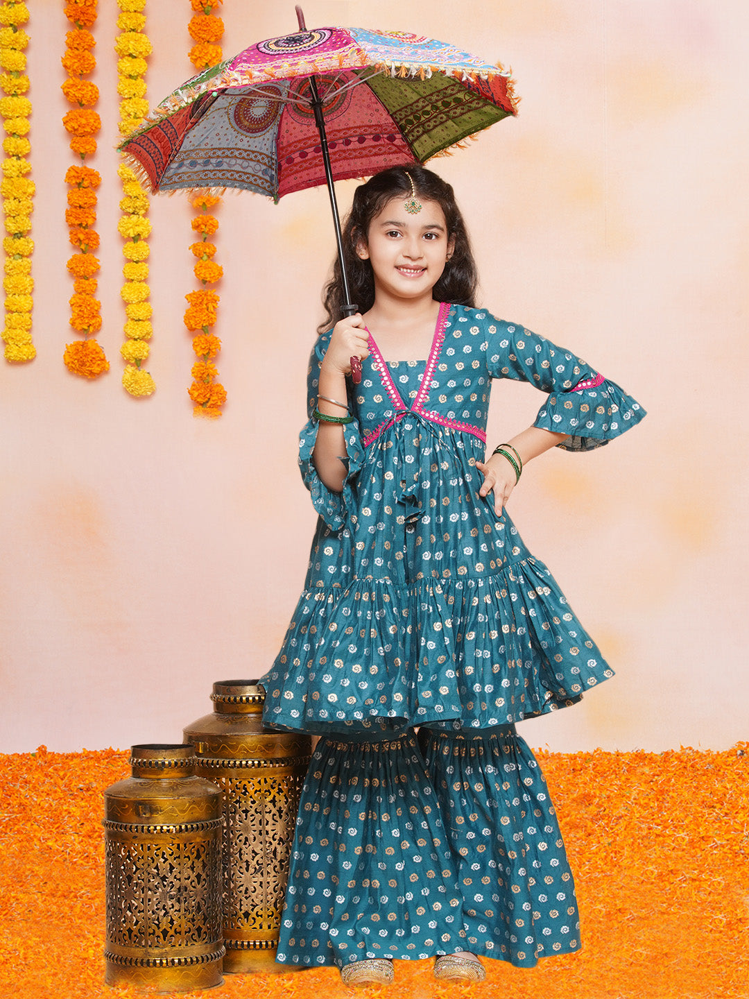 Bitiya by Bhama Girls Teal Blue Printed V-Neck Kurta with Sharara