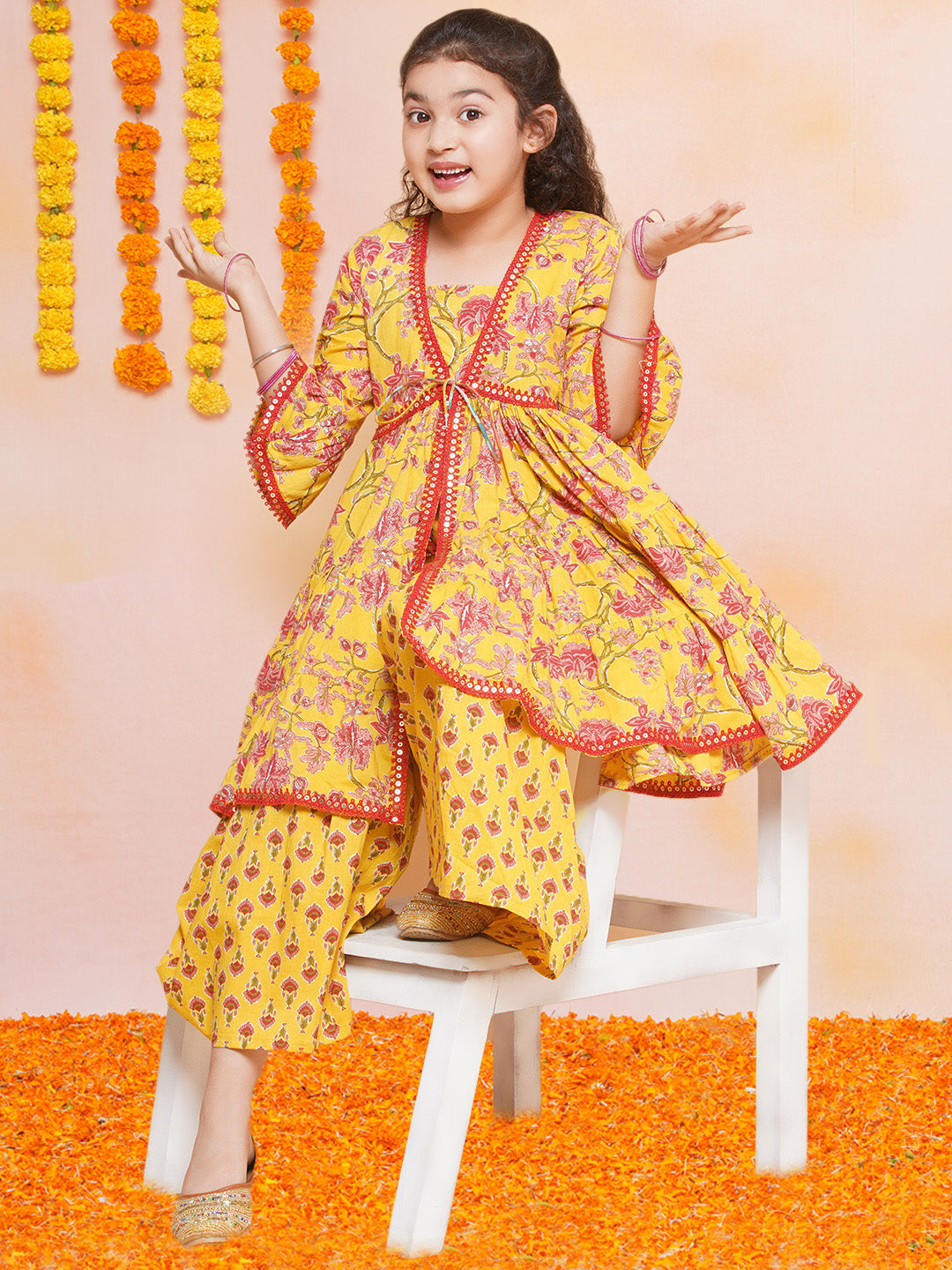 Bitiya by Bhama Girls Yellow Printed V- Neck Kurta with Sharara