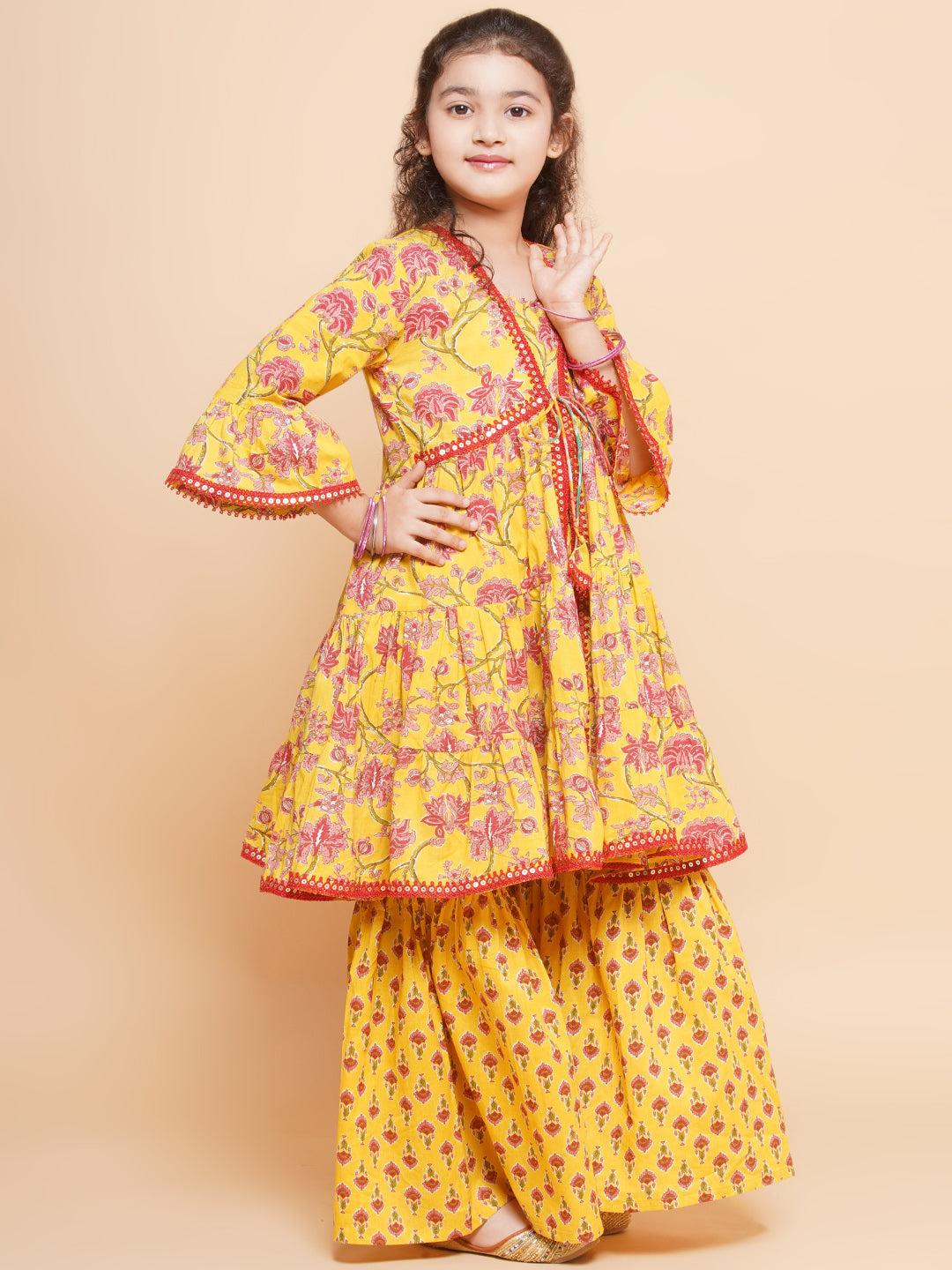 Bitiya by Bhama Girls Yellow Printed V- Neck Kurta with Sharara