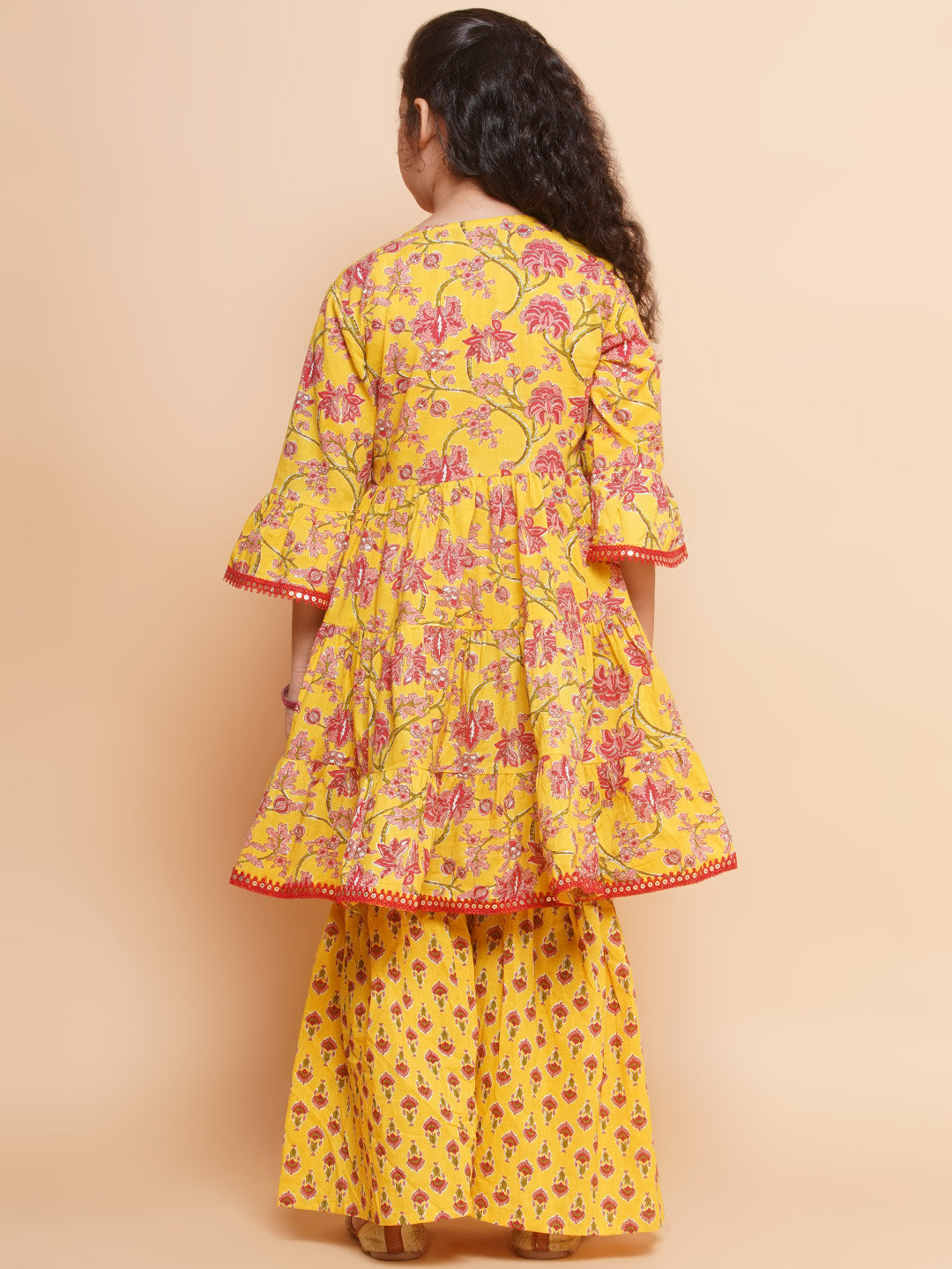 Bitiya by Bhama Girls Yellow Printed V- Neck Kurta with Sharara