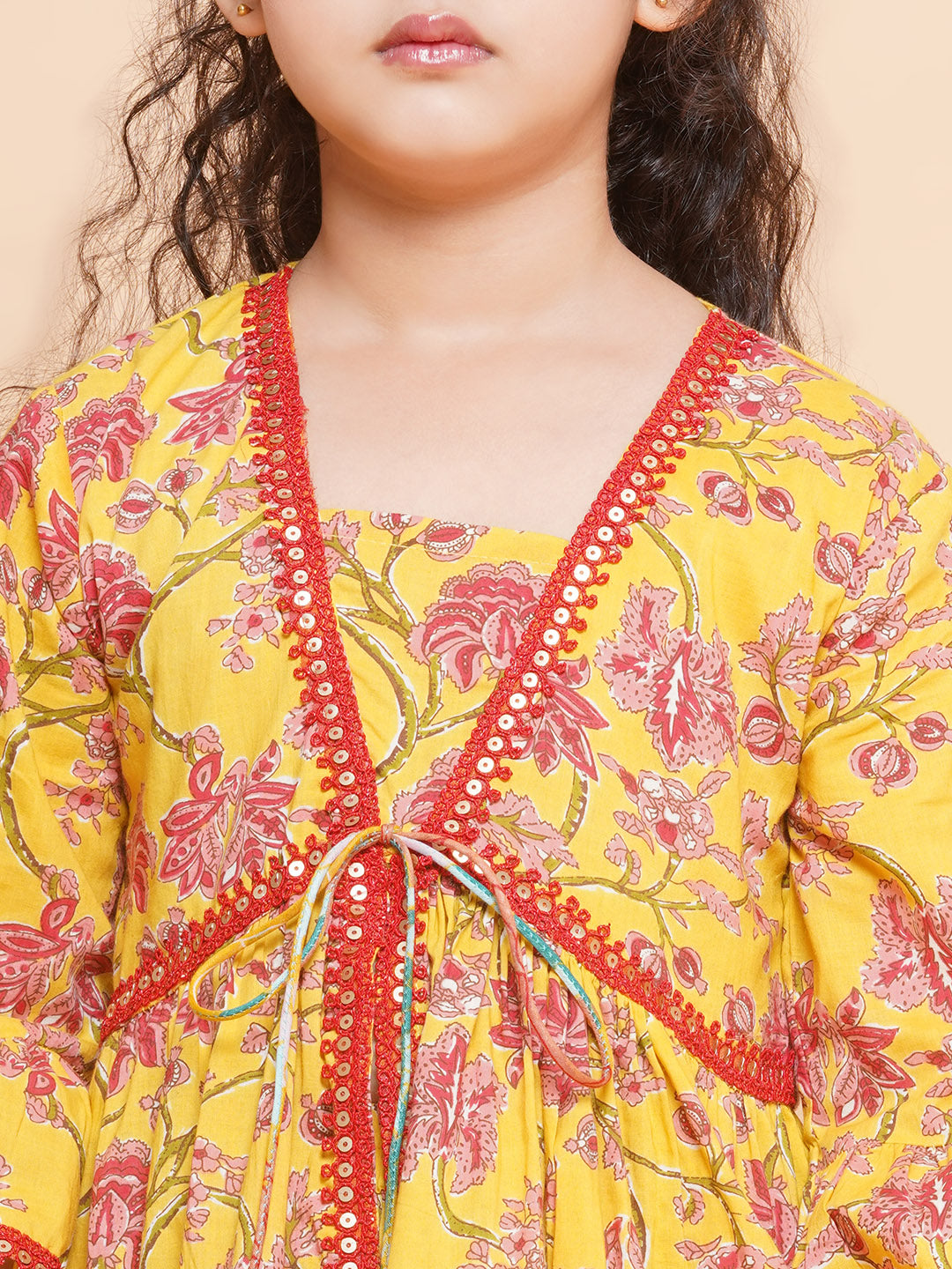 Bitiya by Bhama Girls Yellow Printed V- Neck Kurta with Sharara