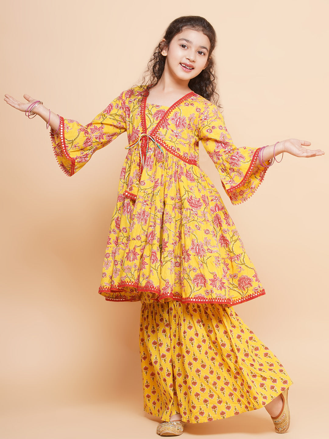 Bitiya by Bhama Girls Yellow Printed V- Neck Kurta with Sharara