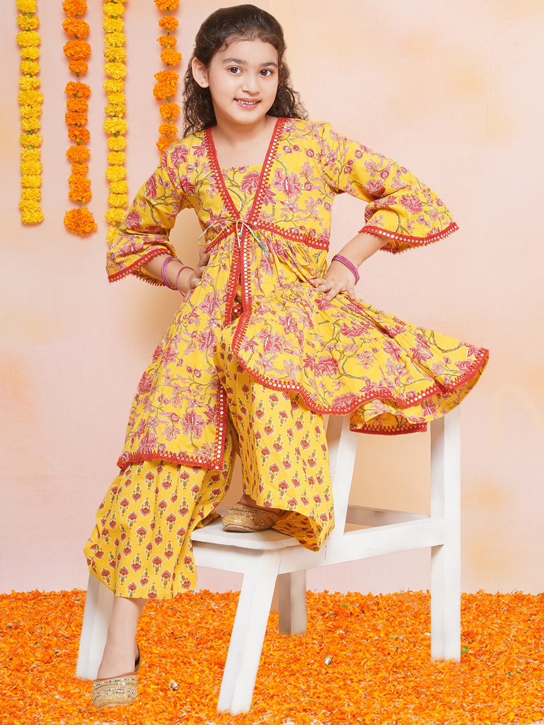 Bitiya by Bhama Girls Yellow Printed V- Neck Kurta with Sharara