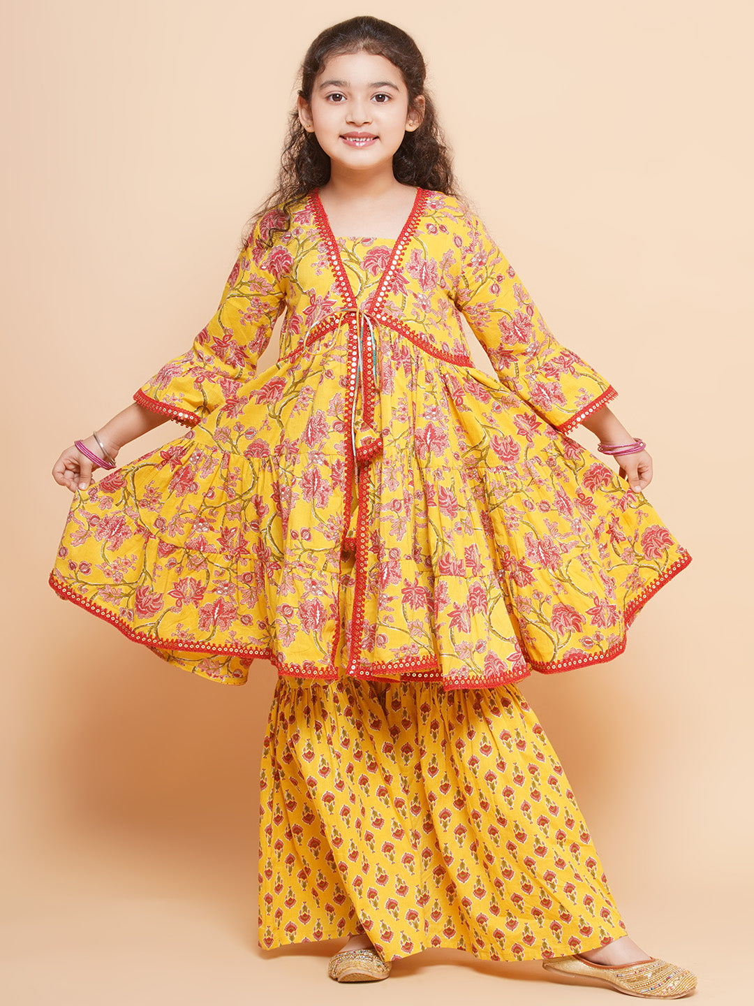 Bitiya by Bhama Girls Yellow Printed V- Neck Kurta with Sharara