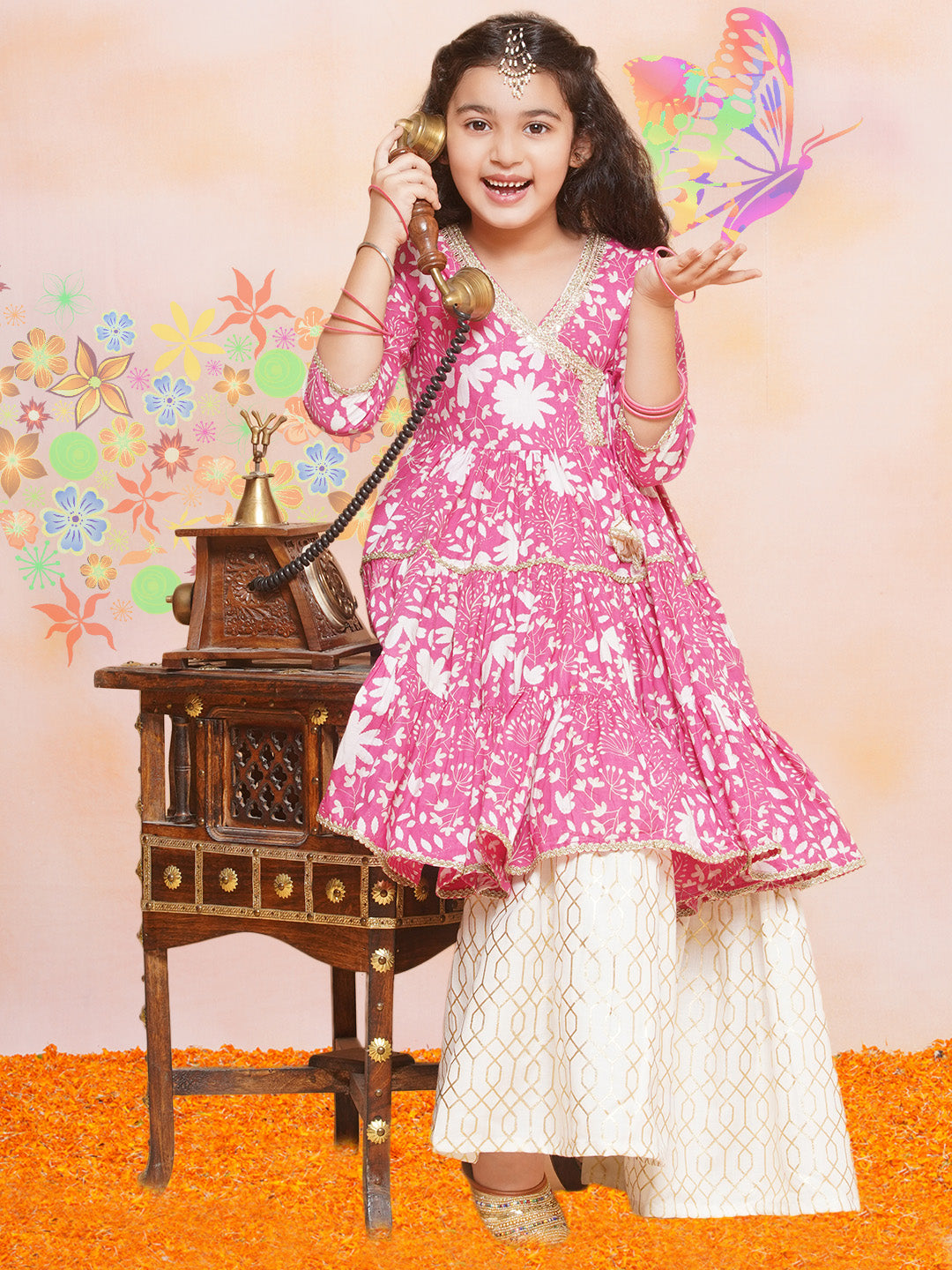 Bitiya by Bhama Girls Pink Printed Angrakha Tier Kurta with Sharara