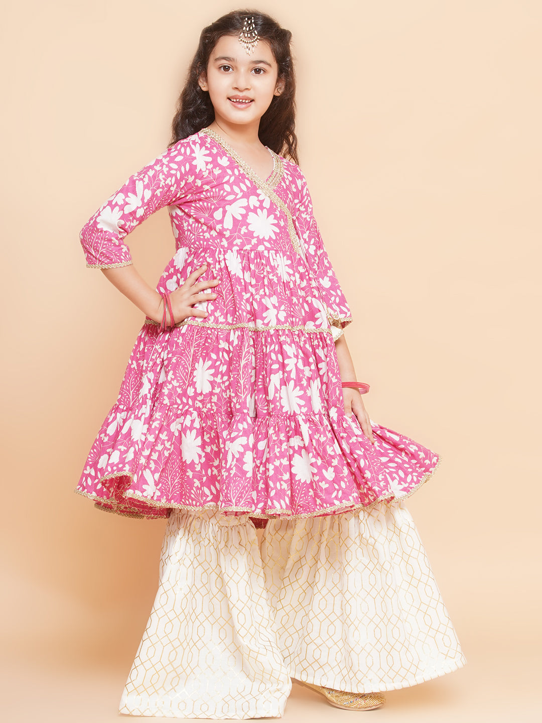 Bitiya by Bhama Girls Pink Printed Angrakha Tier Kurta with Sharara