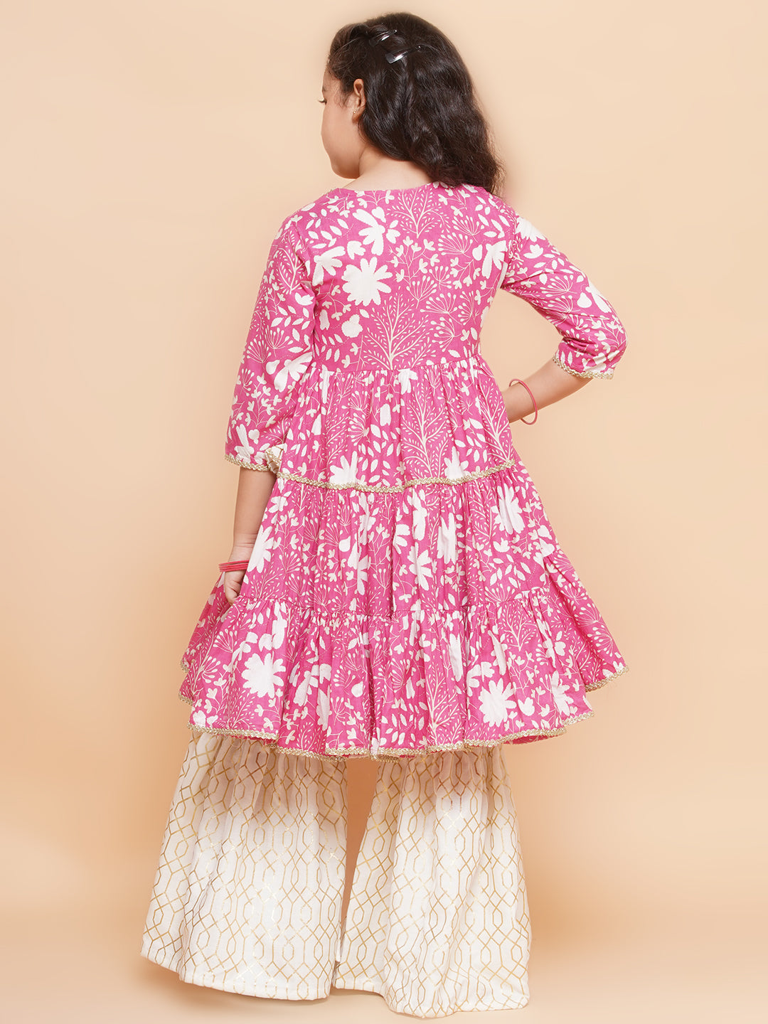 Bitiya by Bhama Girls Pink Printed Angrakha Tier Kurta with Sharara