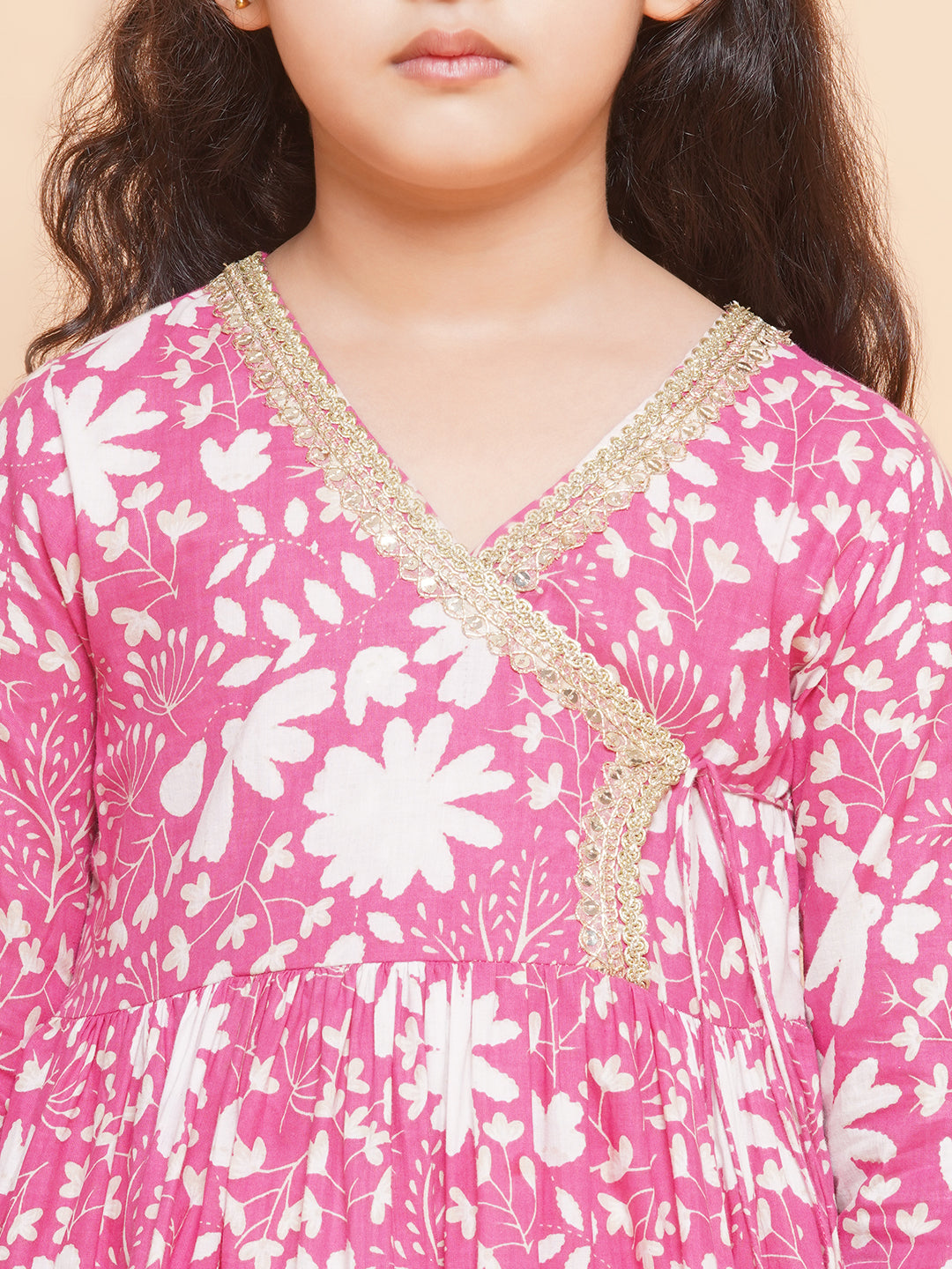 Bitiya by Bhama Girls Pink Printed Angrakha Tier Kurta with Sharara