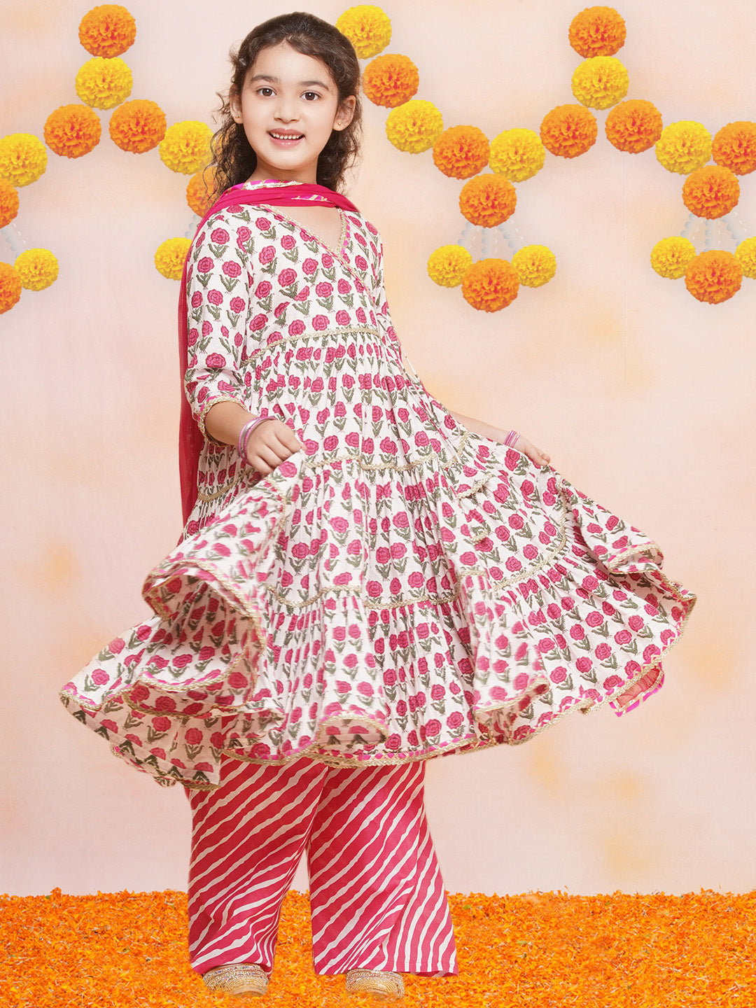 Bitiya by Bhama Girls Off-white Pink Printed Round- Neck Kurta with Plazzo with Dupatta