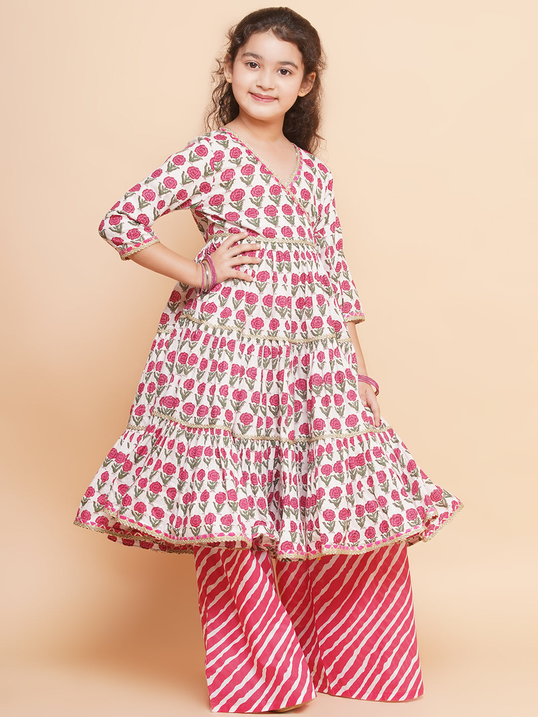 Bitiya by Bhama Girls Off-white Pink Printed Round- Neck Kurta with Plazzo with Dupatta