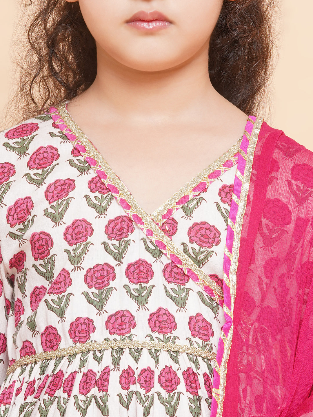 Bitiya by Bhama Girls Off-white Pink Printed Round- Neck Kurta with Plazzo with Dupatta