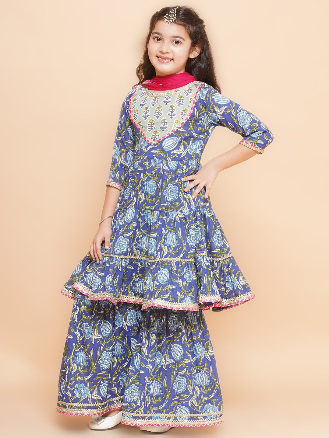 Bitiya by Bhama Girls Blue Floral Printed Round- Neck Kurta with Sharara with Dupatta