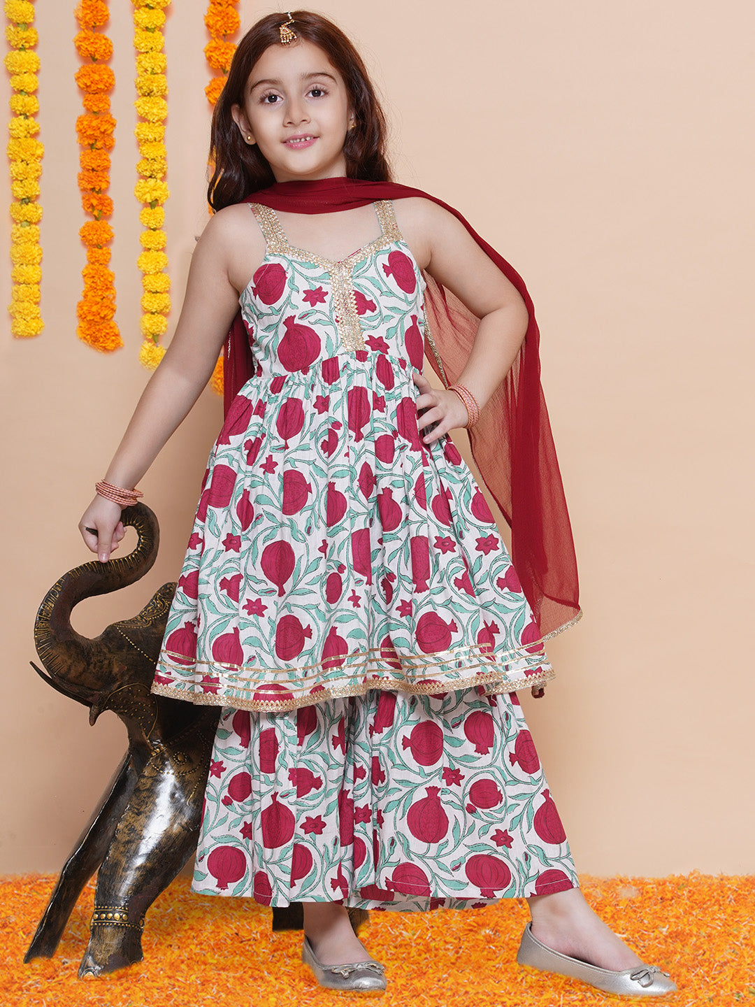 Bitiya by Bhama Girls Off White Red Printed Cotton Kurta With Sharara with Dupatta