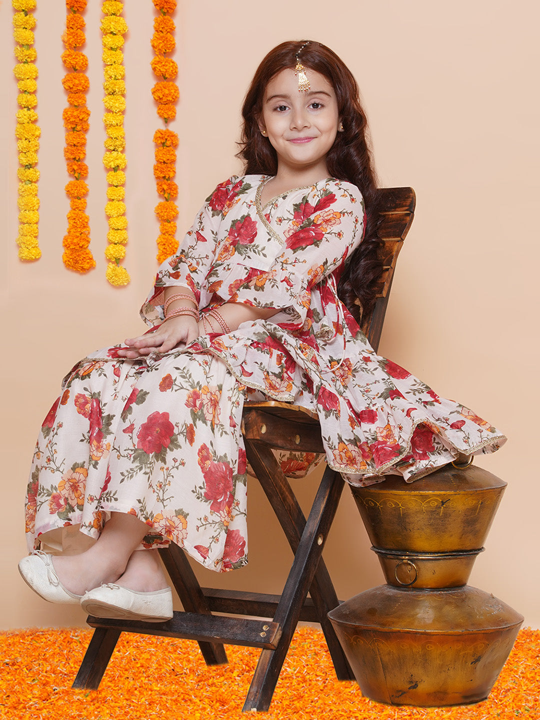 Bitiya by Bhama Girls Off white red Printed Angrakha Kurta with Sharara