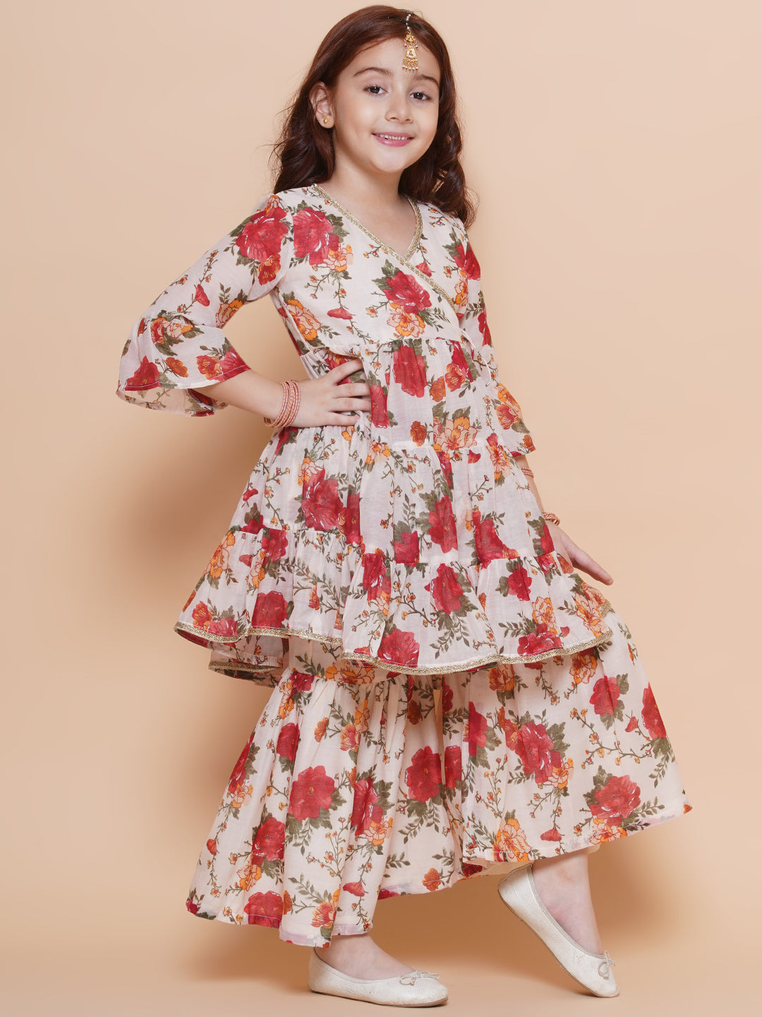 Bitiya by Bhama Girls Off white red Printed Angrakha Kurta with Sharara