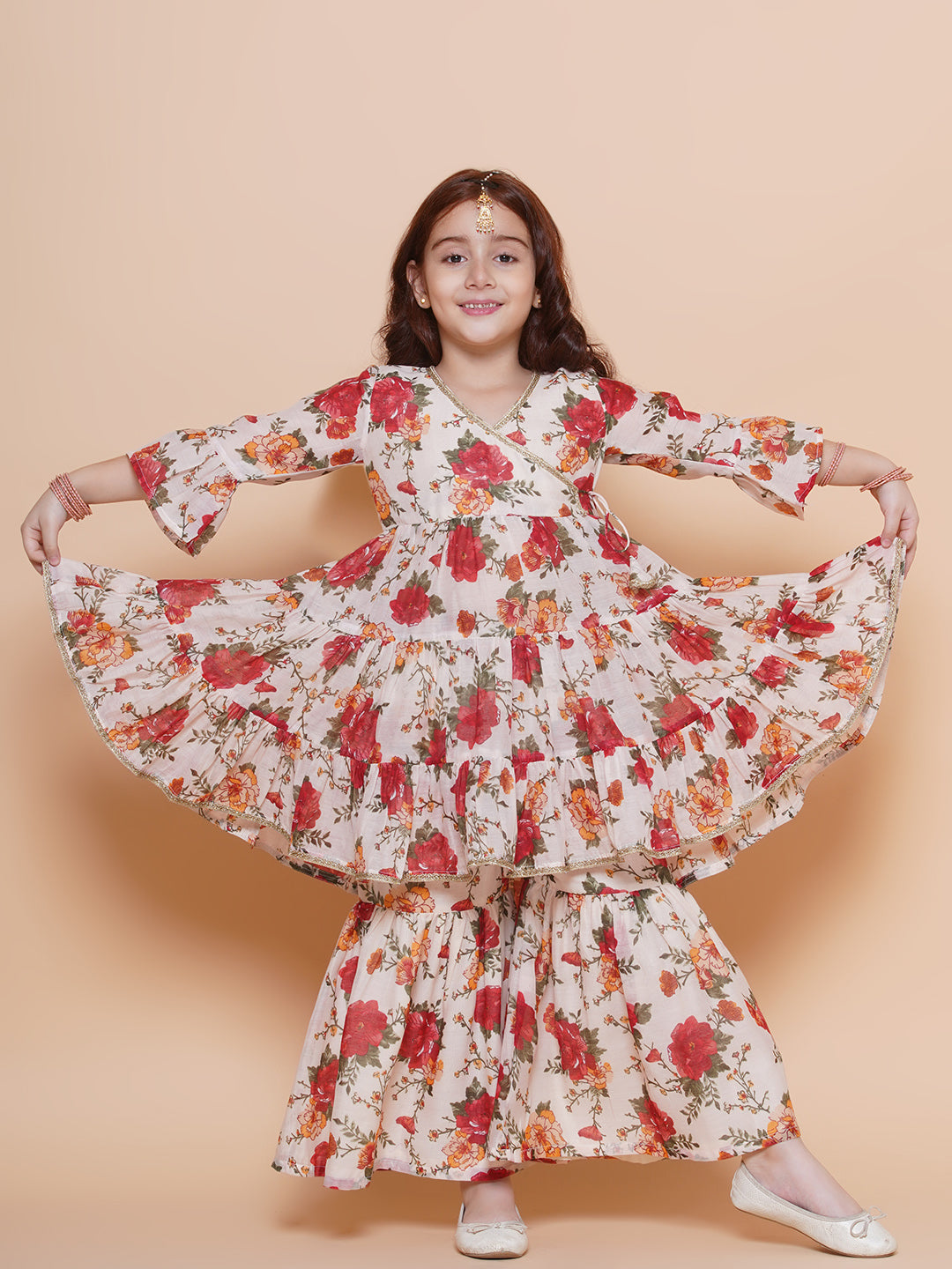 Bitiya by Bhama Girls Off white red Printed Angrakha Kurta with Sharara