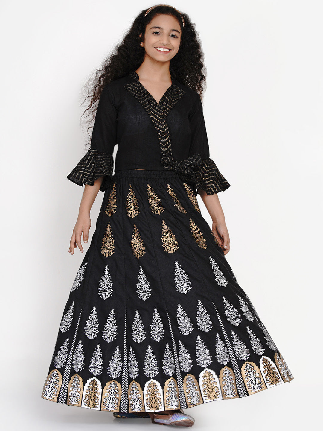 Bitiya By Bhama Girls Black & Gold-Toned Block Printed Ready To Wear Lehenga & Choli