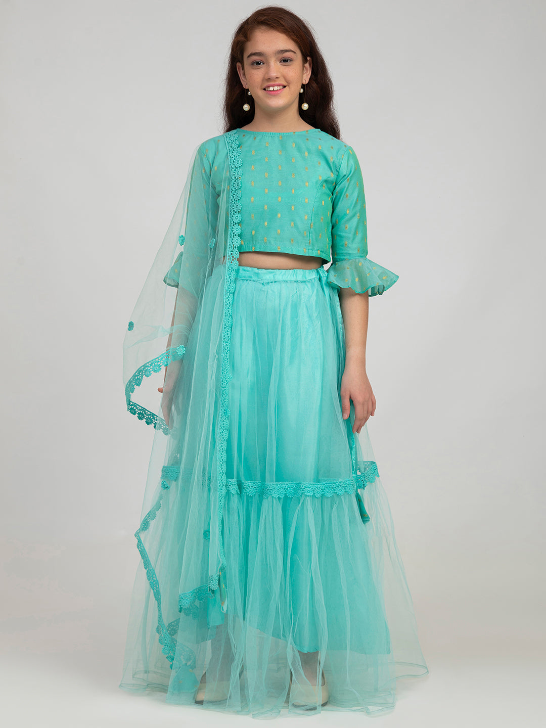 Bitiya By Bhama Girls Sea Green & Gold-Toned Printed Ready To Wear Lehenga & Blouse With Dupatta