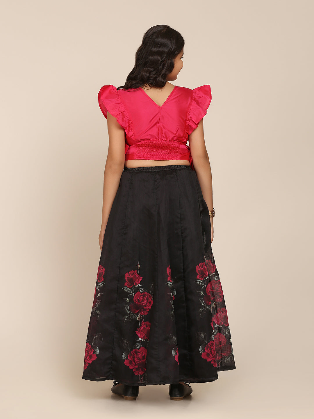 Bitiya By Bhama Girls Pink & Black Printed Ready To Wear Lehenga Choli