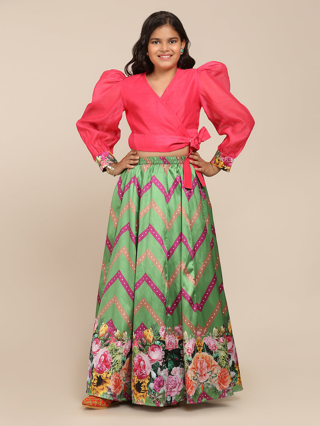 Bitiya By Bhama Girls Pink & Choli Green Digital Printed Ready To Wear Lehenga