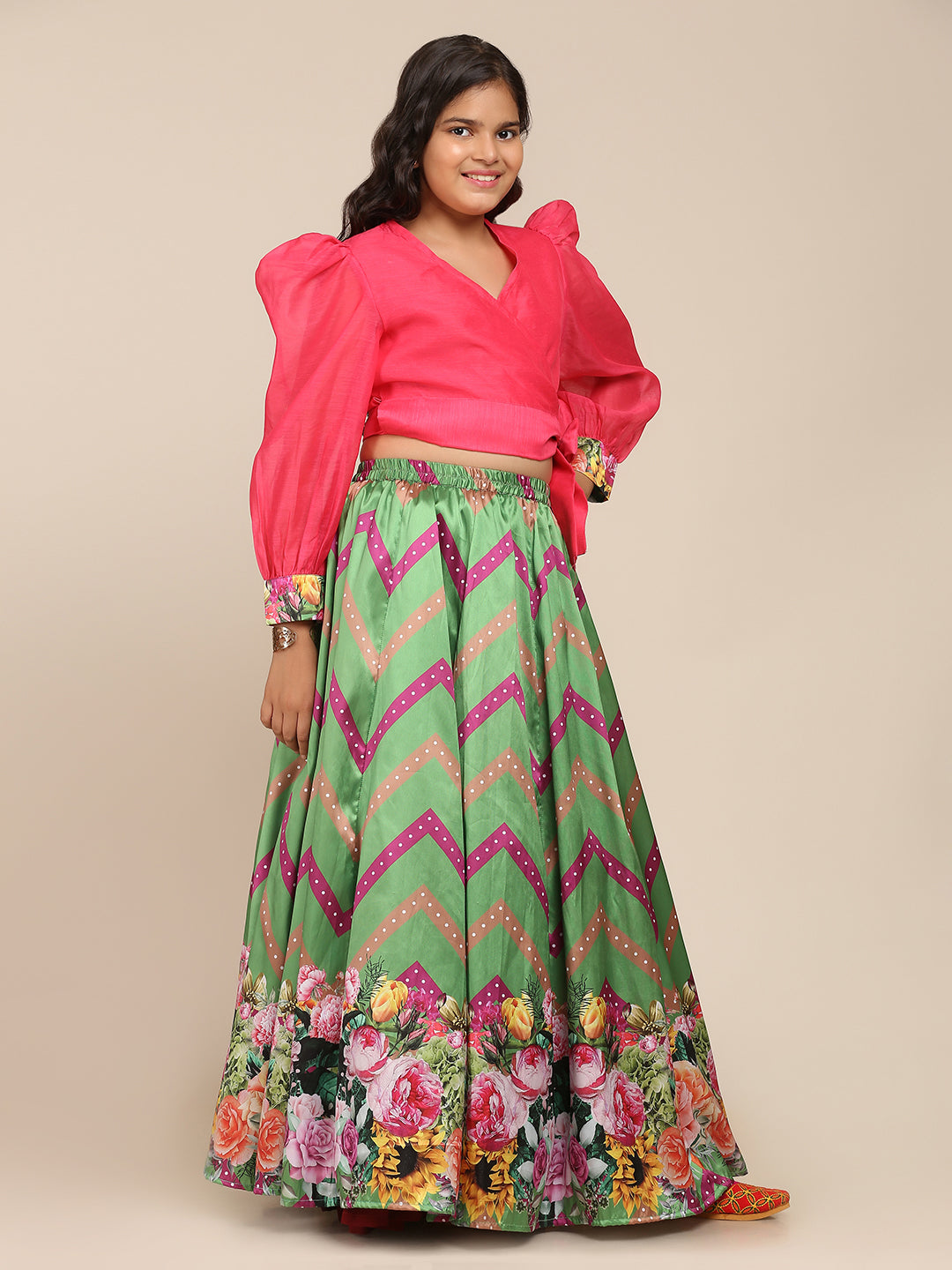 Bitiya By Bhama Girls Pink & Choli Green Digital Printed Ready To Wear Lehenga