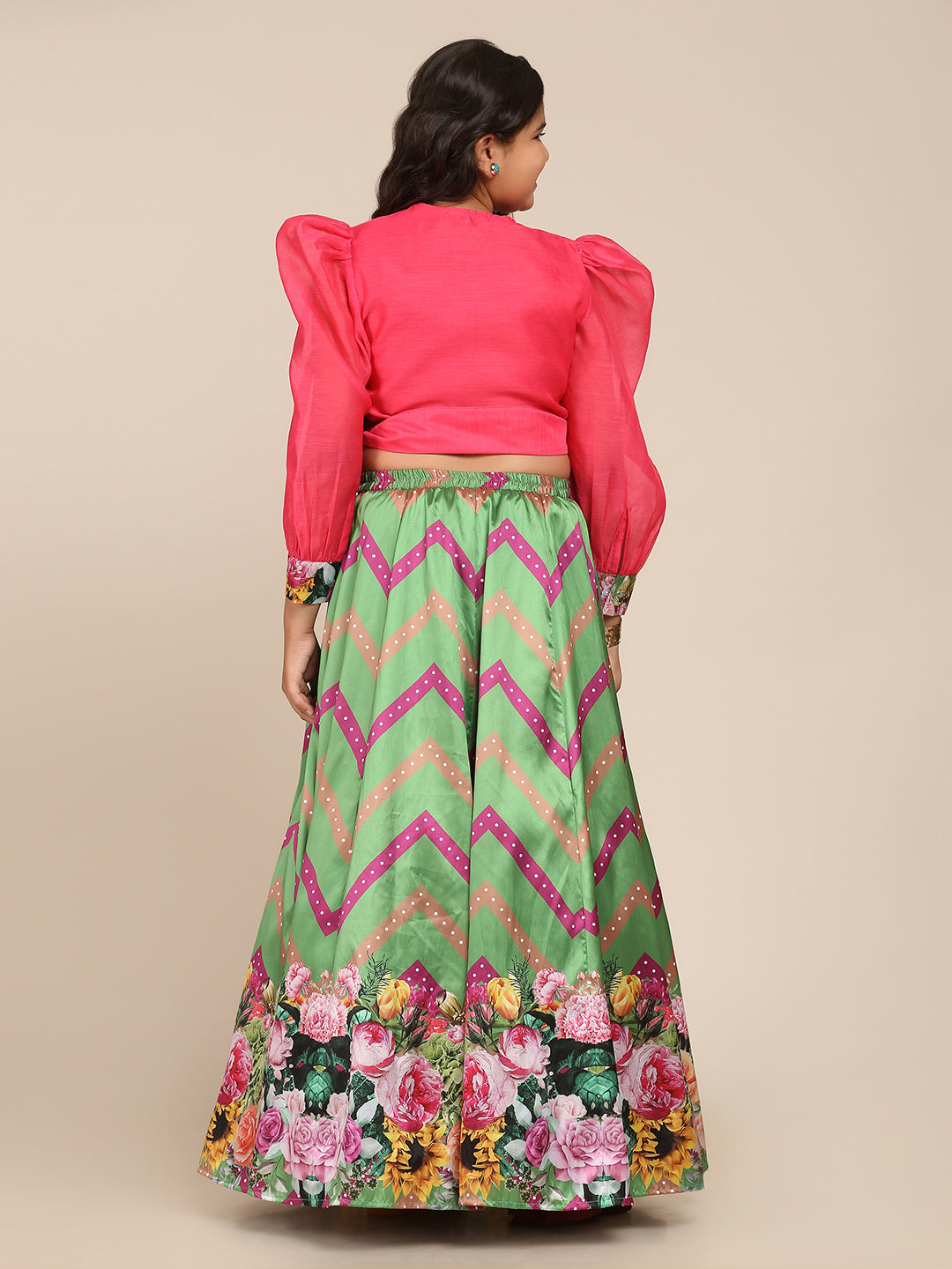 Bitiya By Bhama Girls Pink & Choli Green Digital Printed Ready To Wear Lehenga