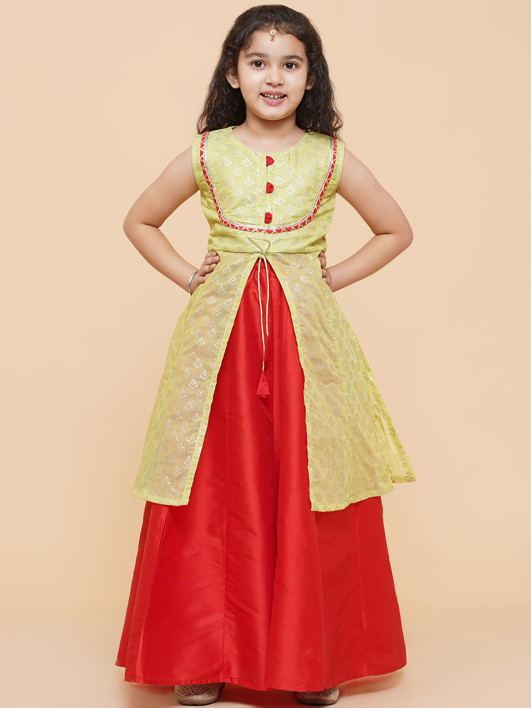 Bitiya By BhamaGirls Lime Green & Red Printed Foil Print Ready To Wear Lehenga & Choli