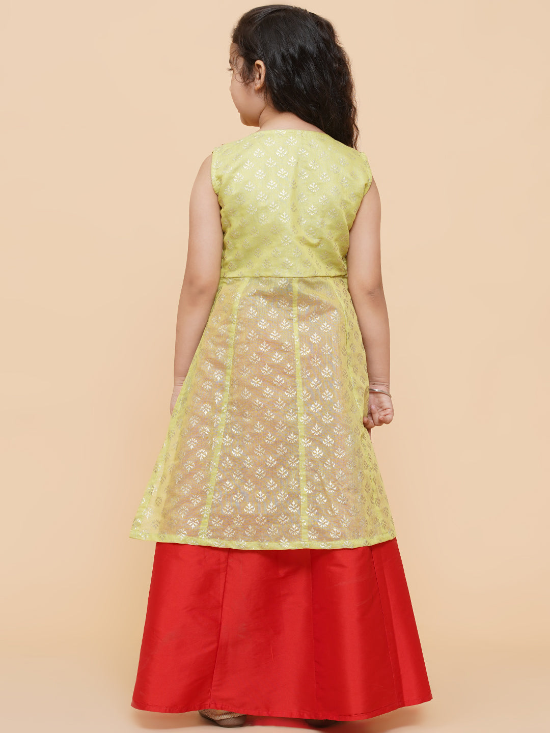 Bitiya By BhamaGirls Lime Green & Red Printed Foil Print Ready To Wear Lehenga & Choli