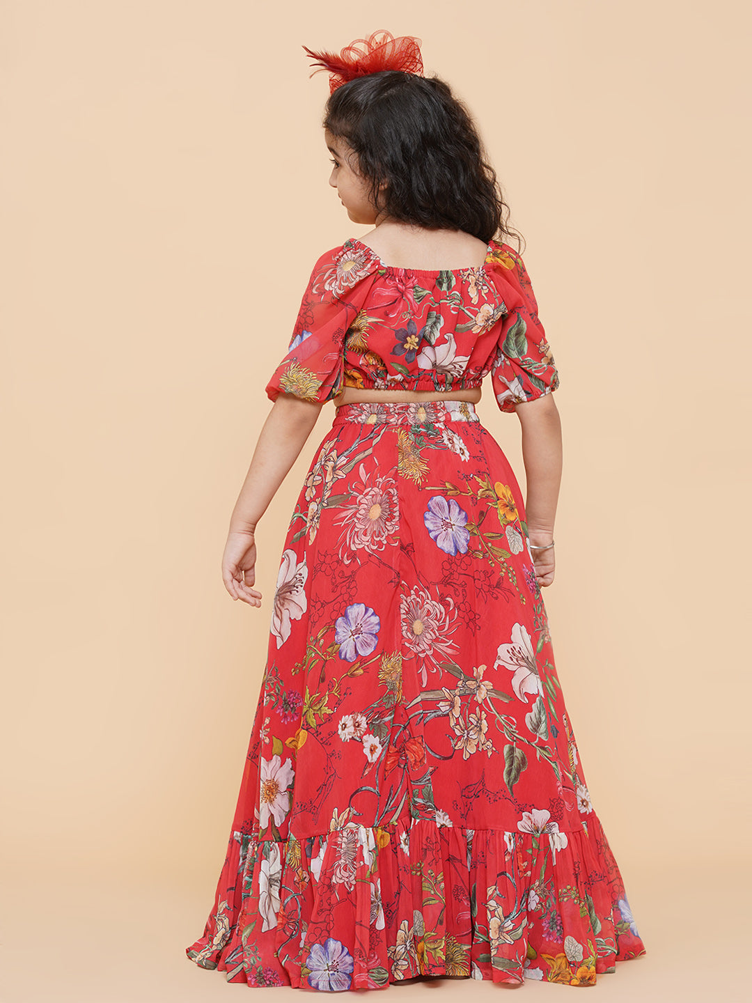 Bitiya By Bhama Girls Red Flower Digital Print Ready To Wear Lehenga Choli