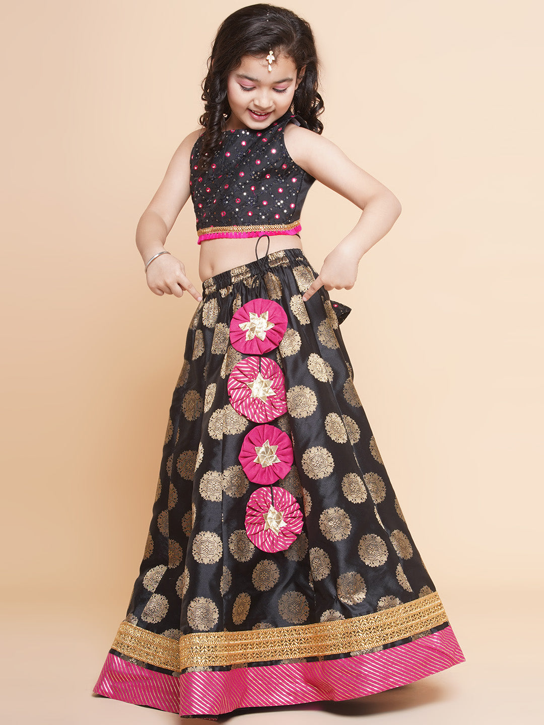 Bitiya By Bhama Girls Black & Gold-Toned Embroidered Ready To Wear Lehenga & Blouse With Dupatta