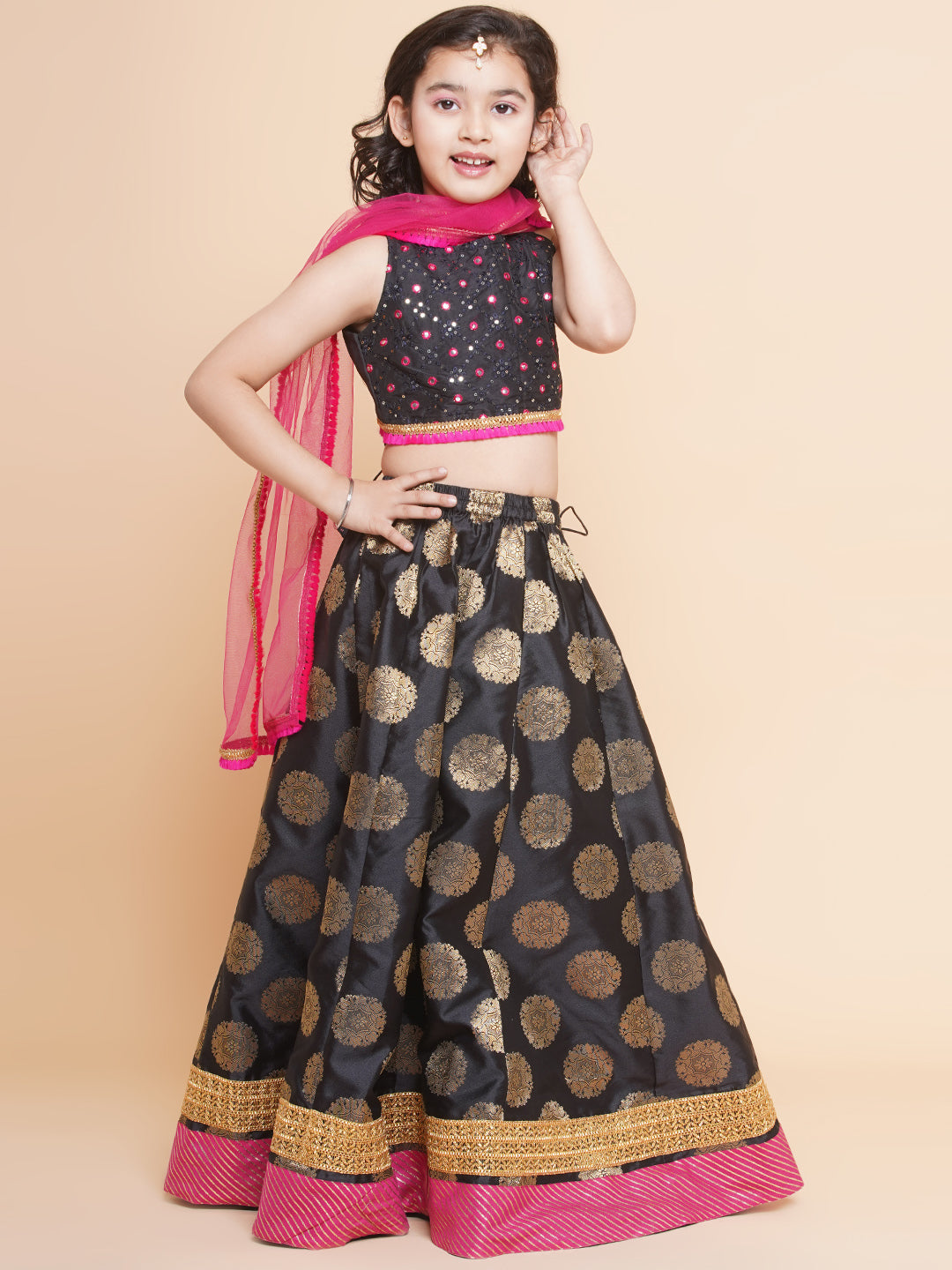 Bitiya By Bhama Girls Black & Gold-Toned Embroidered Ready To Wear Lehenga & Blouse With Dupatta