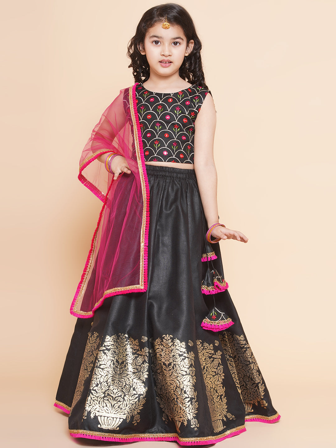 Bitiya By Bhama Girls Black Embroidered Choli, With Printed Lehenga Has A Dupatta